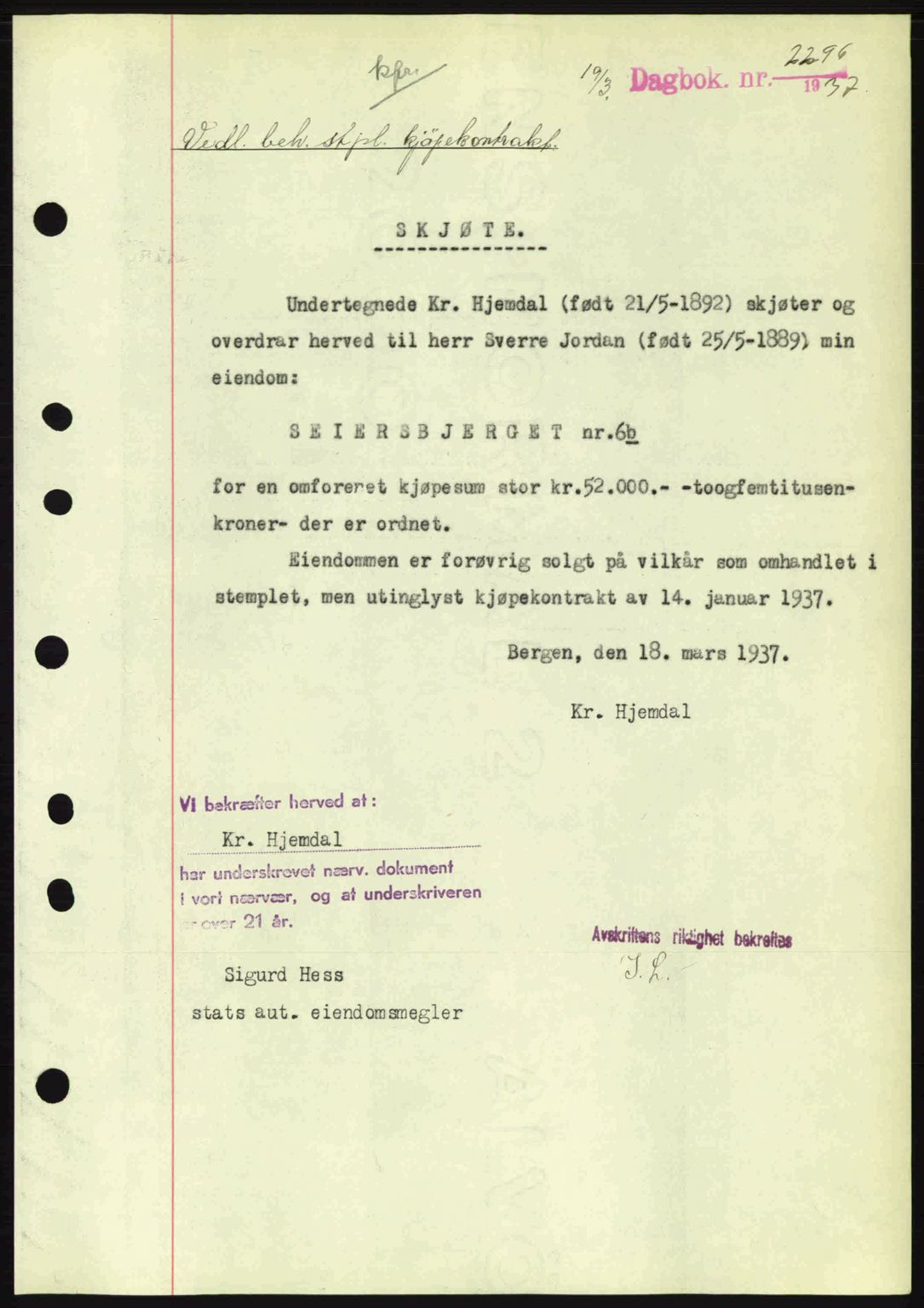 Byfogd og Byskriver i Bergen, SAB/A-3401/03/03Bc/L0004: Mortgage book no. A3-4, 1936-1937, Diary no: : 2296/1937