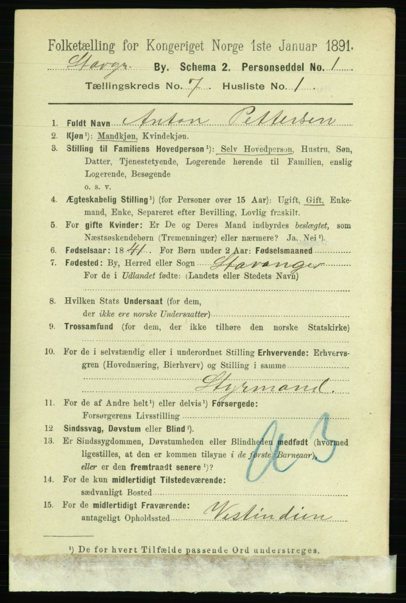 RA, 1891 census for 1103 Stavanger, 1891, p. 10969