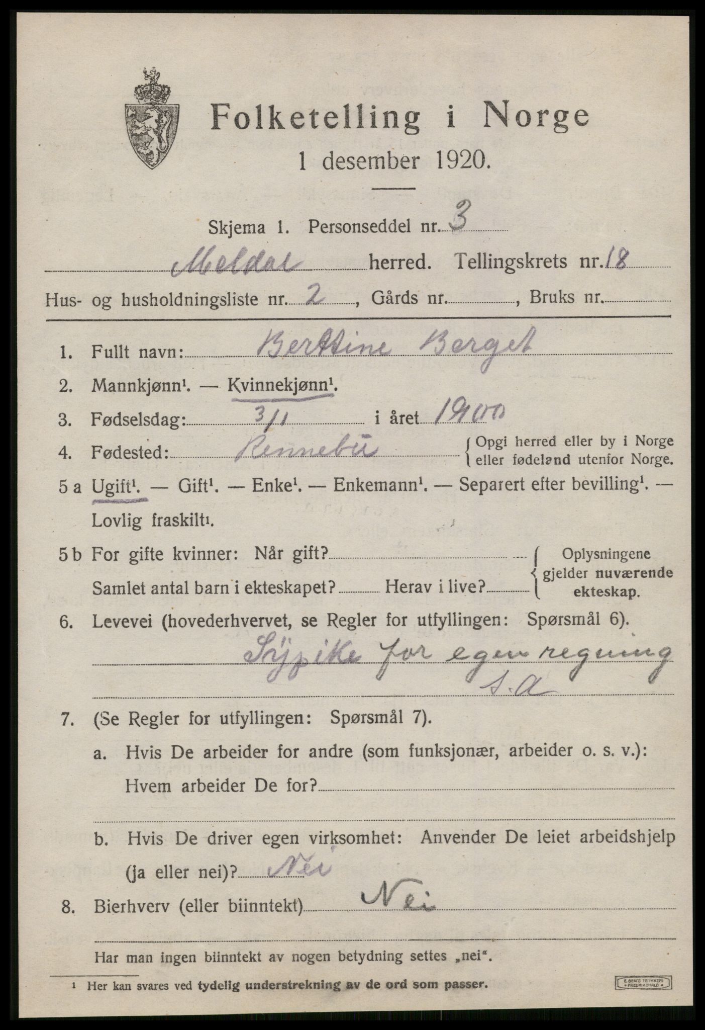 SAT, 1920 census for Meldal, 1920, p. 11345