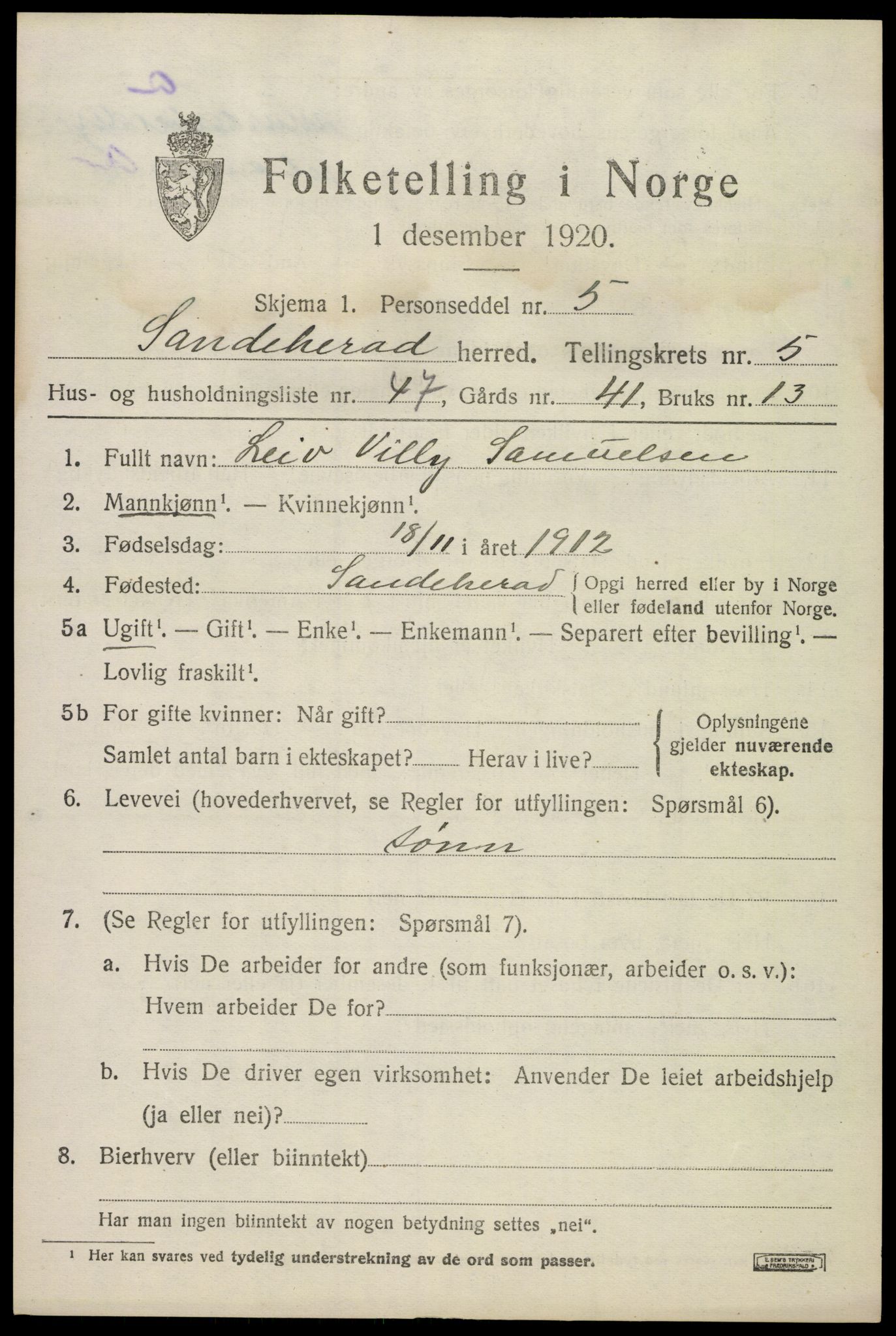 SAKO, 1920 census for Sandeherred, 1920, p. 8618