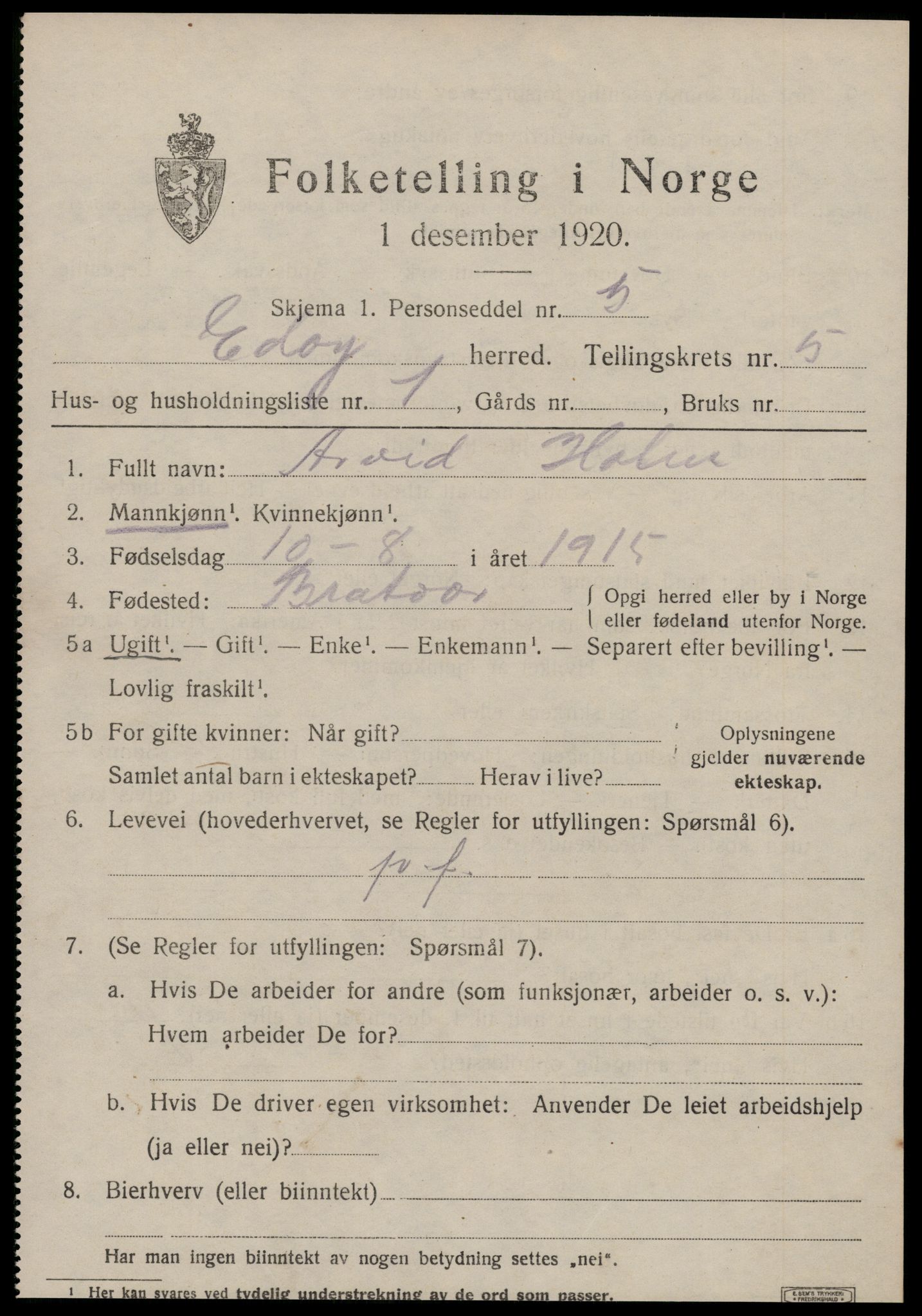 SAT, 1920 census for Edøy, 1920, p. 1616