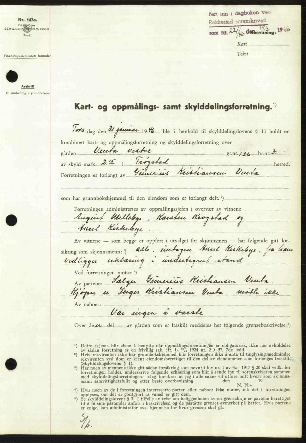 Rakkestad sorenskriveri, AV/SAO-A-10686/G/Gb/Gba/Gbab/L0012a: Mortgage book no. A12 I, 1945-1946, Diary no: : 221/1946