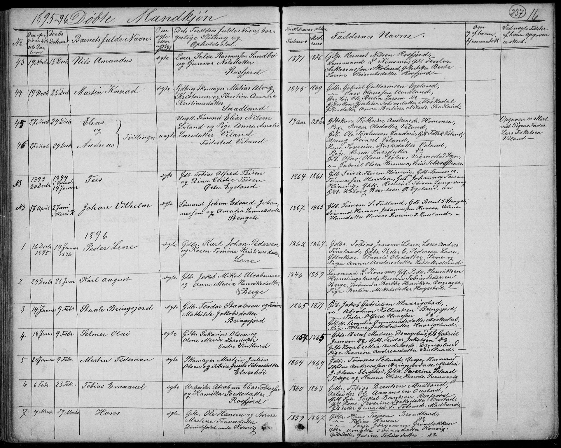 Lyngdal sokneprestkontor, SAK/1111-0029/F/Fb/Fbc/L0004: Parish register (copy) no. B 4, 1878-1896, p. 237