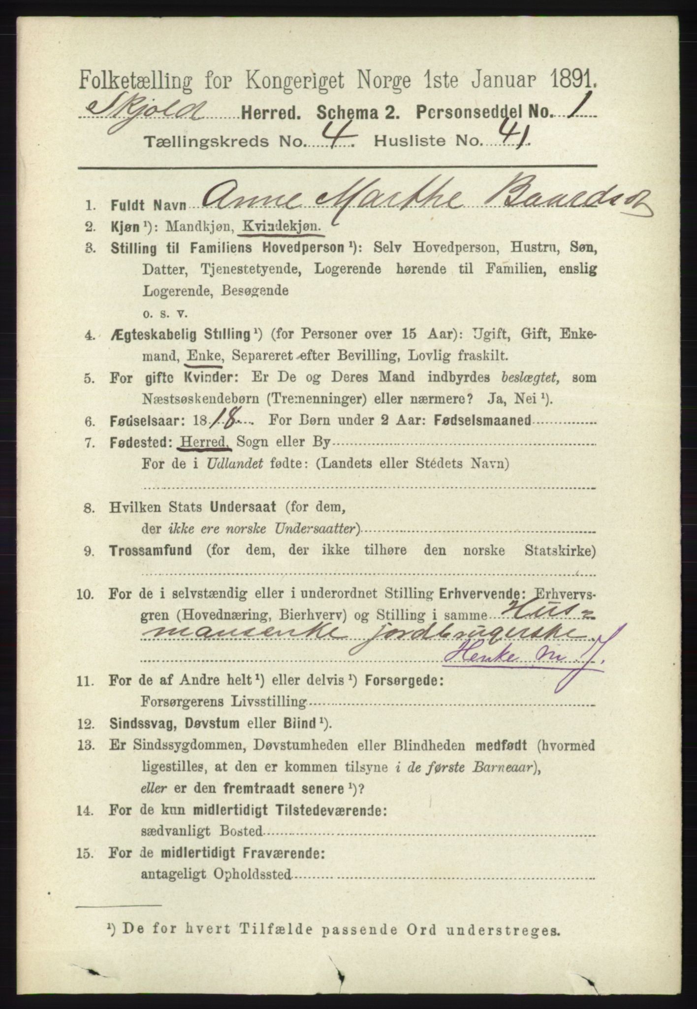 RA, 1891 census for 1154 Skjold, 1891, p. 722