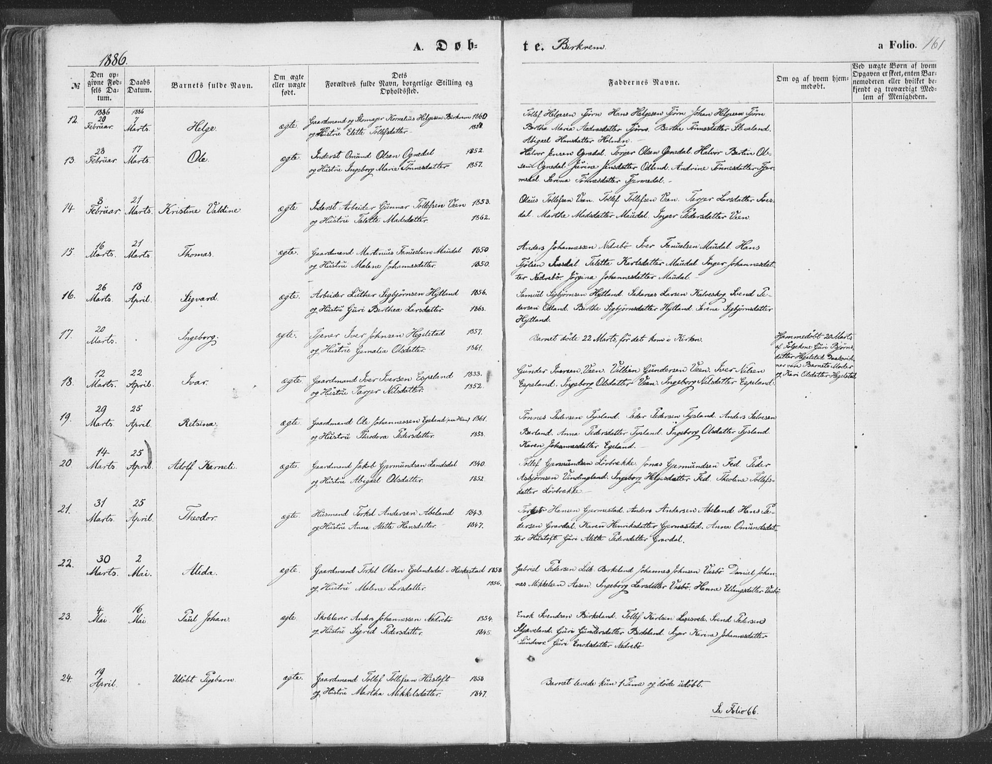 Helleland sokneprestkontor, AV/SAST-A-101810: Parish register (official) no. A 7.1, 1863-1886, p. 161