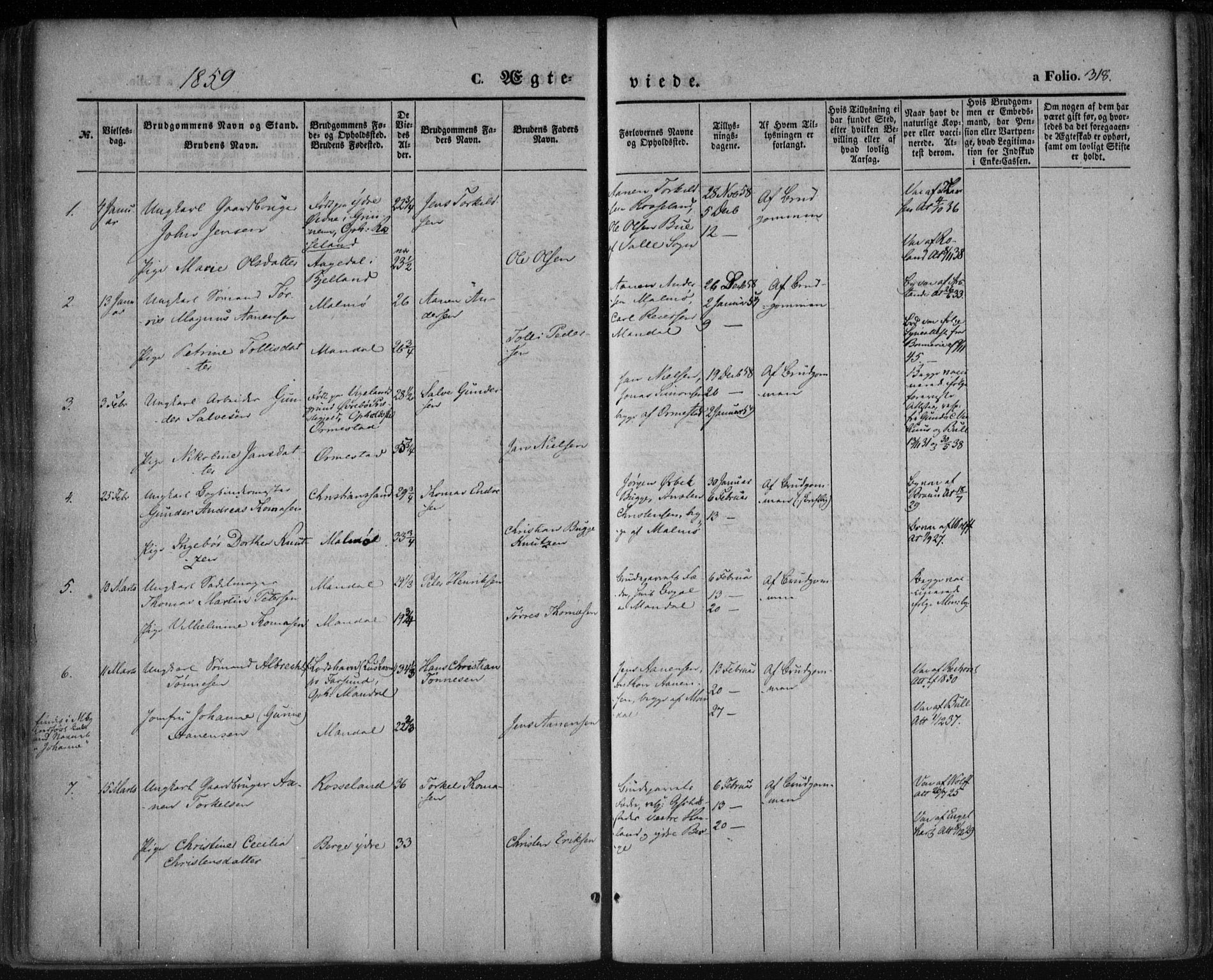 Mandal sokneprestkontor, SAK/1111-0030/F/Fa/Faa/L0013: Parish register (official) no. A 13, 1847-1859, p. 318