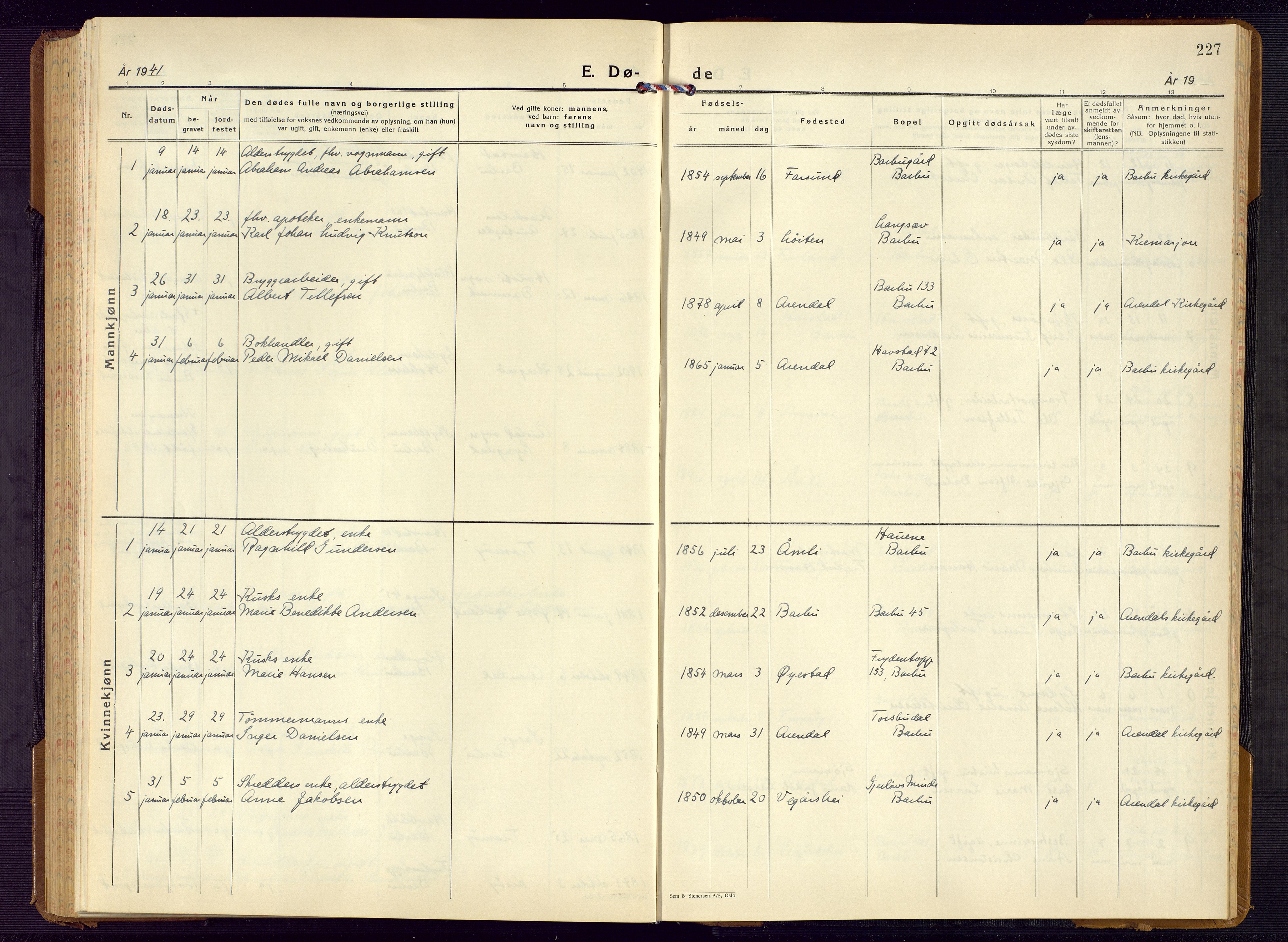 Barbu sokneprestkontor, SAK/1111-0003/F/Fb/L0006: Parish register (copy) no. B 6, 1937-1947, p. 227