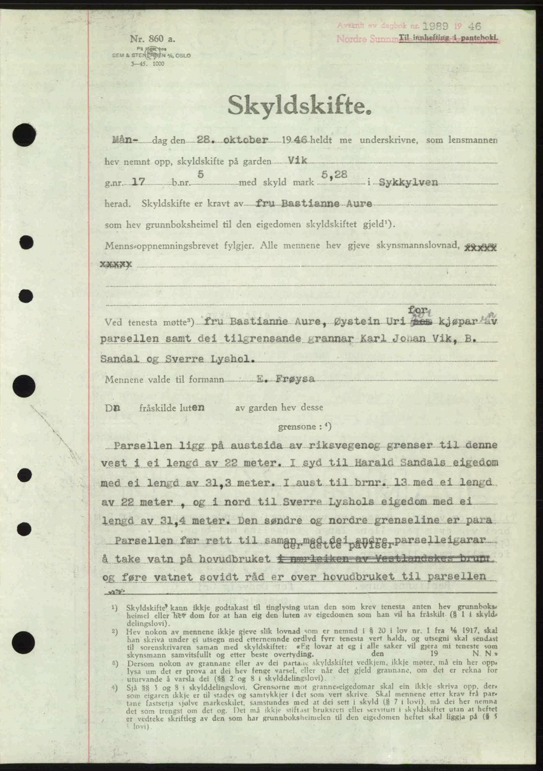 Nordre Sunnmøre sorenskriveri, AV/SAT-A-0006/1/2/2C/2Ca: Mortgage book no. A23, 1946-1947, Diary no: : 1989/1946