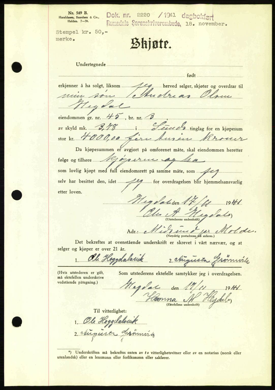 Romsdal sorenskriveri, AV/SAT-A-4149/1/2/2C: Mortgage book no. A11, 1941-1942, Diary no: : 2220/1941