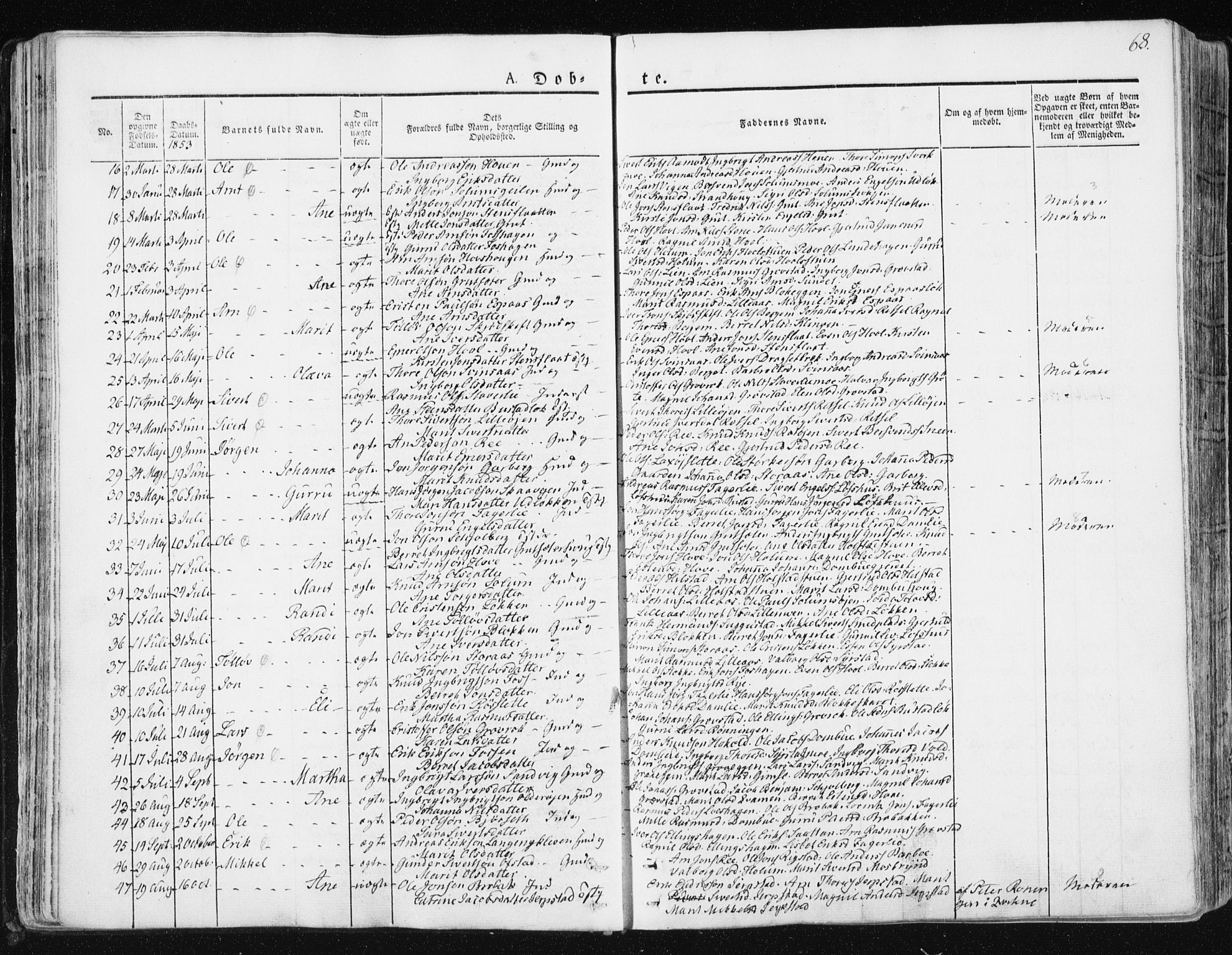Ministerialprotokoller, klokkerbøker og fødselsregistre - Sør-Trøndelag, SAT/A-1456/672/L0855: Parish register (official) no. 672A07, 1829-1860, p. 68