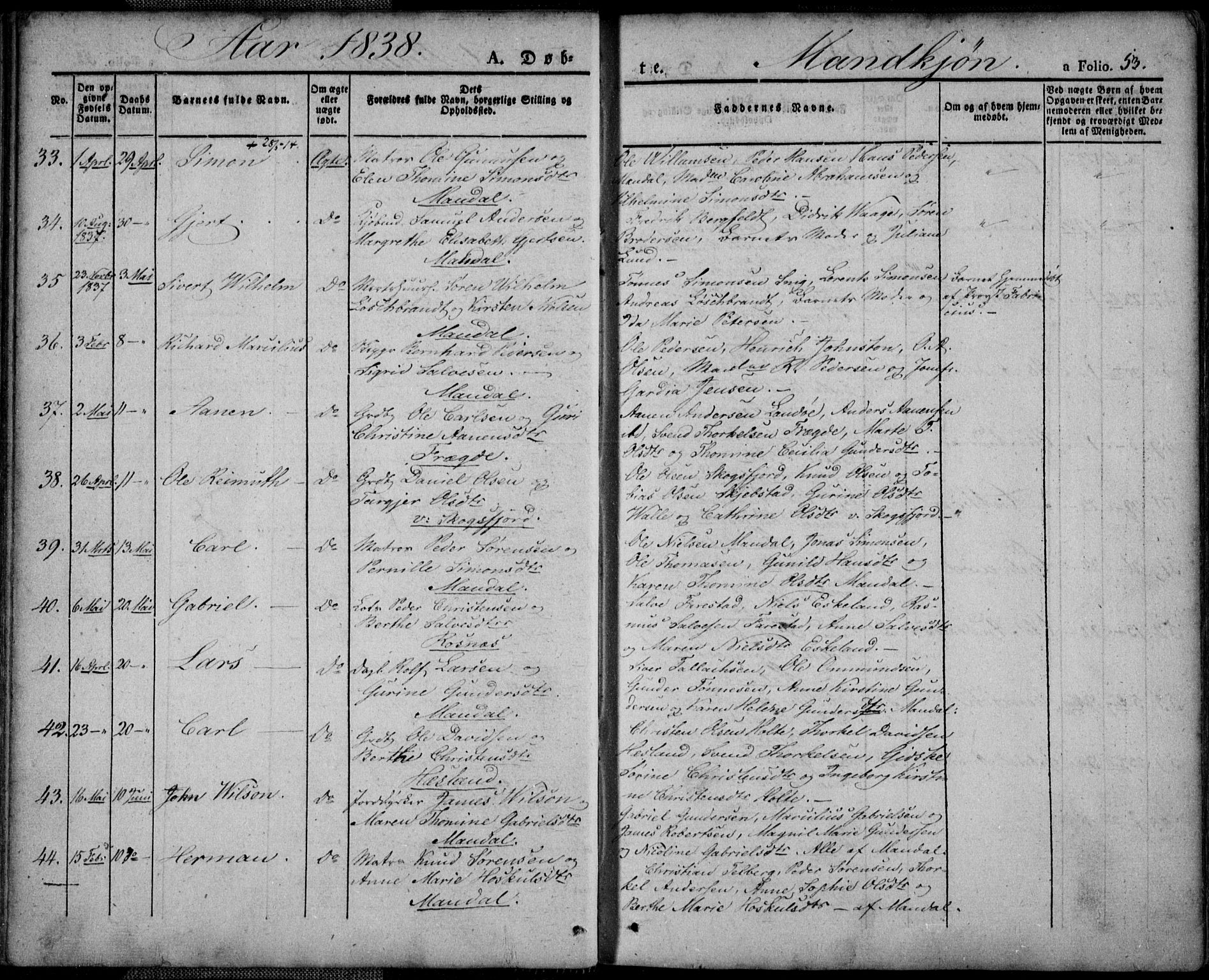 Mandal sokneprestkontor, SAK/1111-0030/F/Fa/Faa/L0011: Parish register (official) no. A 11, 1830-1839, p. 53
