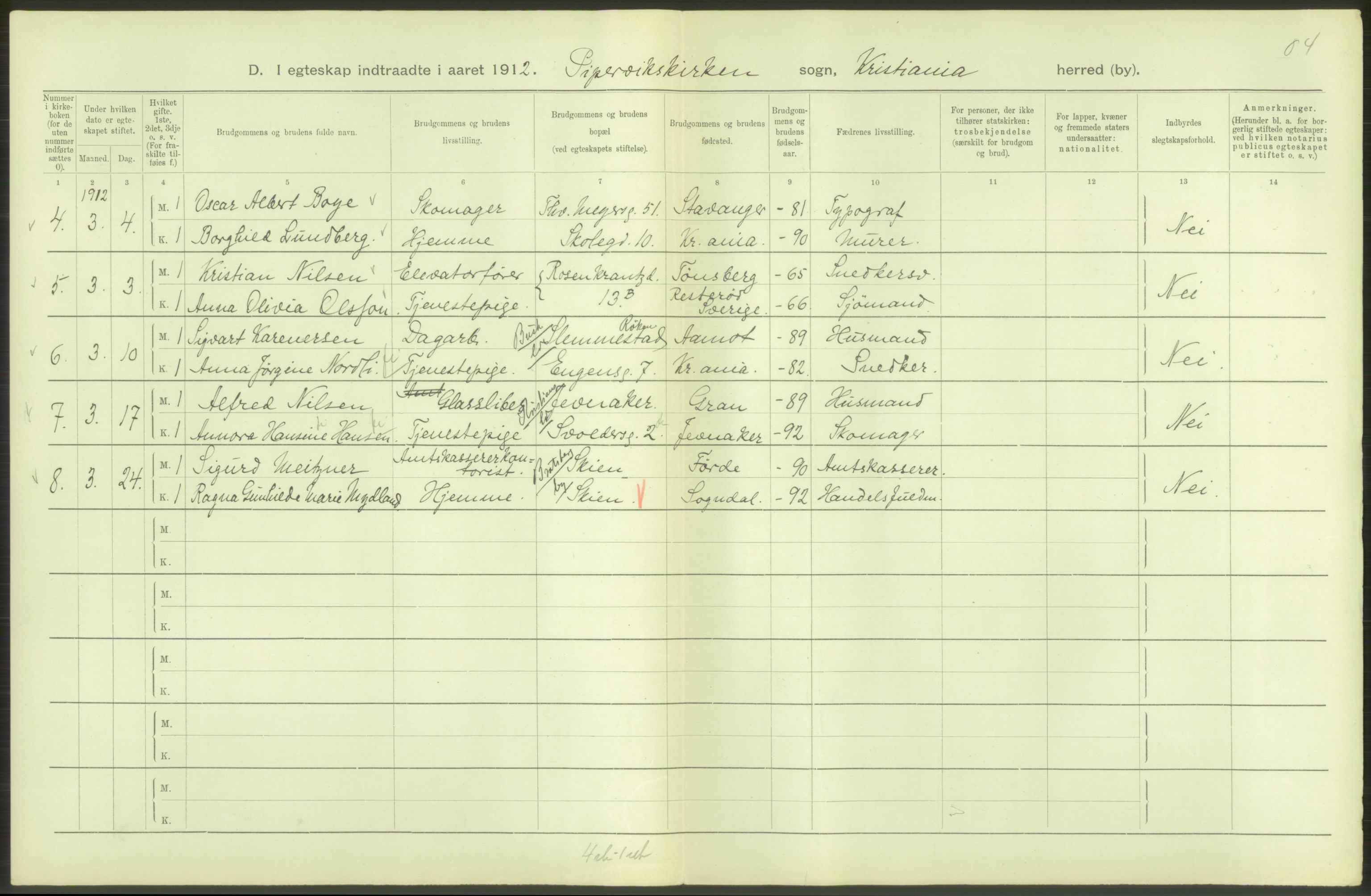 Statistisk sentralbyrå, Sosiodemografiske emner, Befolkning, AV/RA-S-2228/D/Df/Dfb/Dfbb/L0008: Kristiania: Gifte, 1912, p. 14