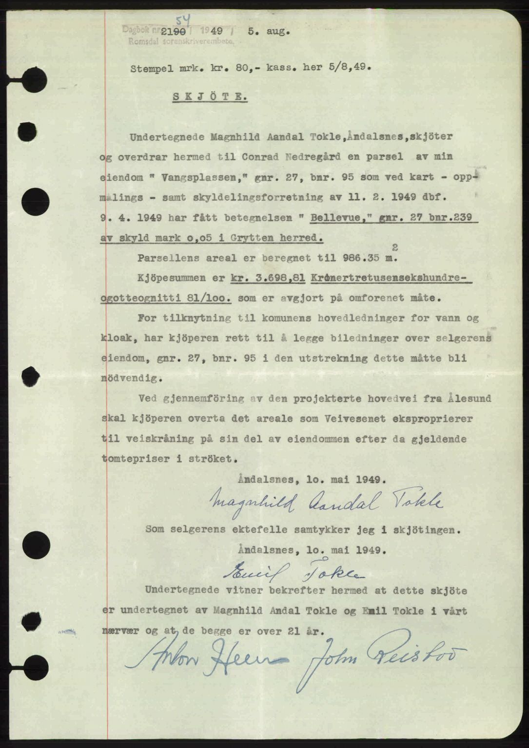 Romsdal sorenskriveri, AV/SAT-A-4149/1/2/2C: Mortgage book no. A30, 1949-1949, Diary no: : 2154/1949