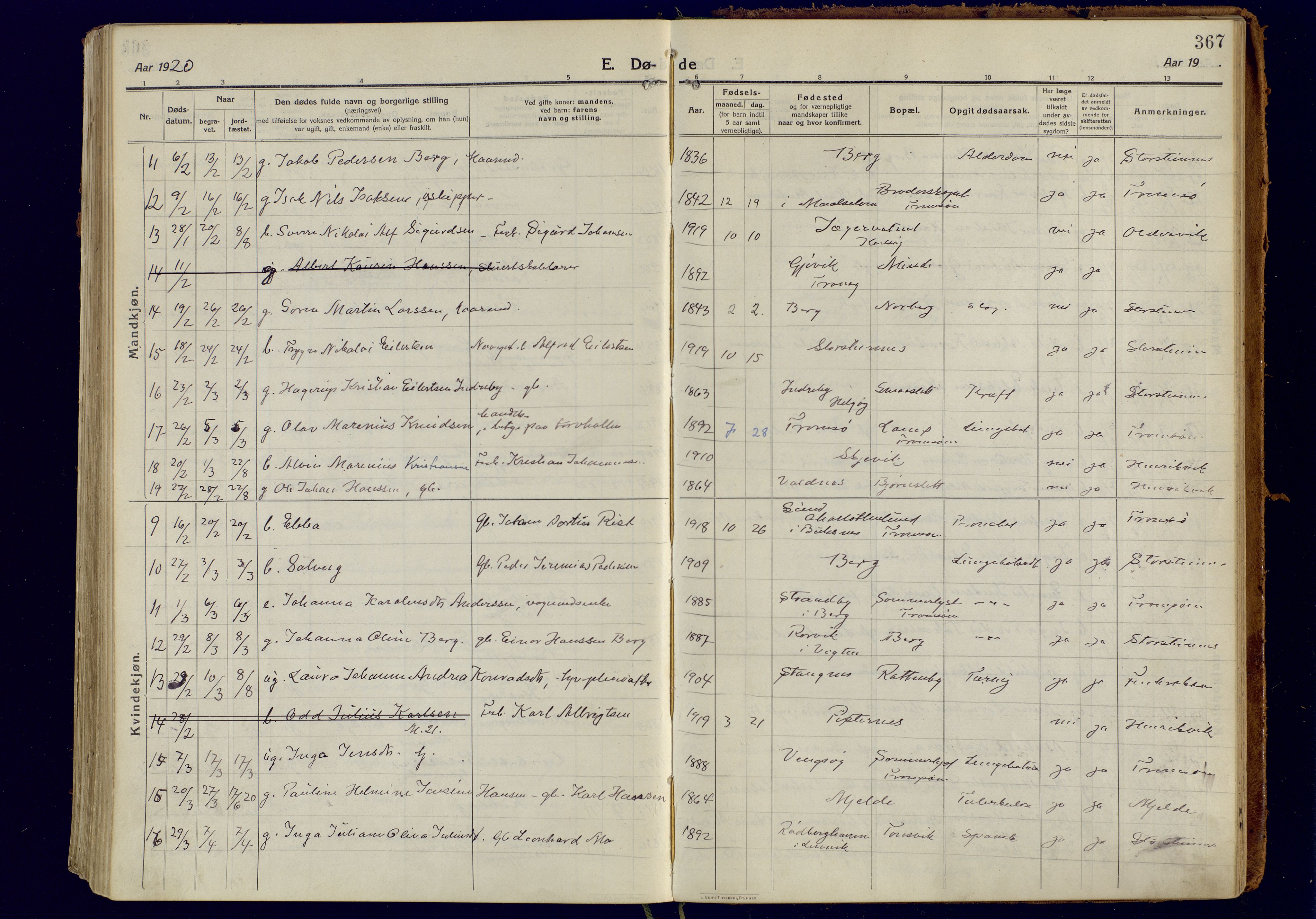 Tromsøysund sokneprestkontor, AV/SATØ-S-1304/G/Ga/L0008kirke: Parish register (official) no. 8, 1914-1922, p. 367