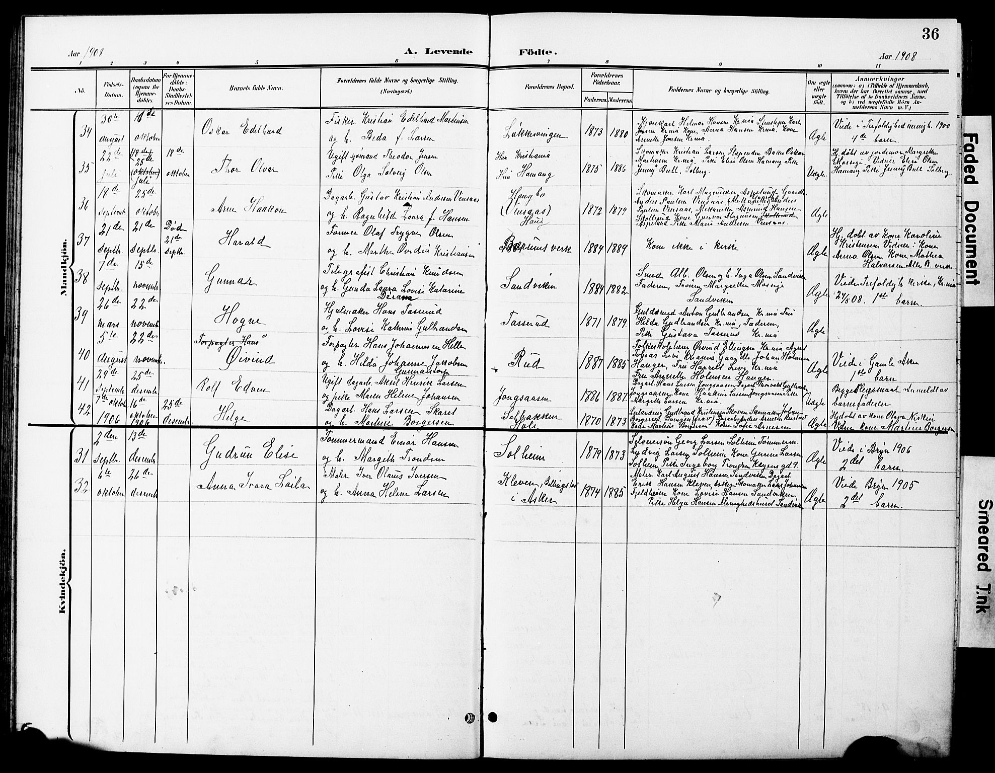 Vestre Bærum prestekontor Kirkebøker, AV/SAO-A-10209a/G/L0001: Parish register (copy) no. 1, 1901-1931, p. 36