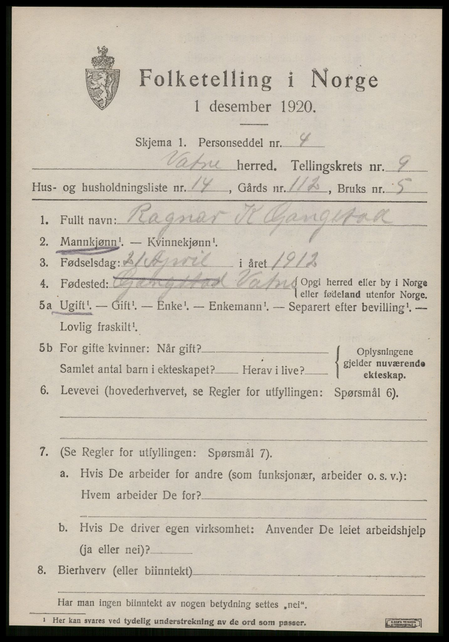 SAT, 1920 census for Vatne, 1920, p. 3866