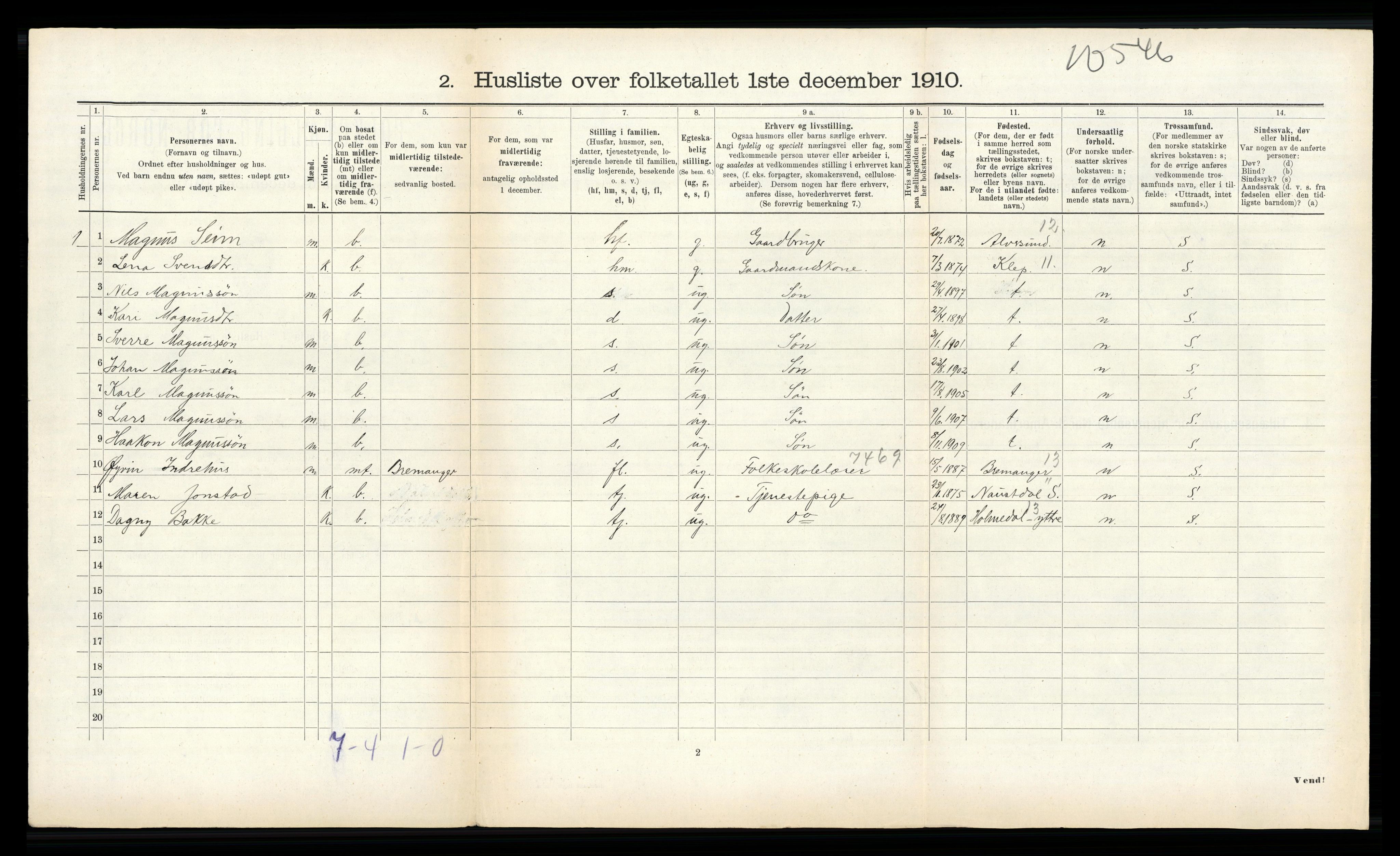 RA, 1910 census for Kinn, 1910, p. 765