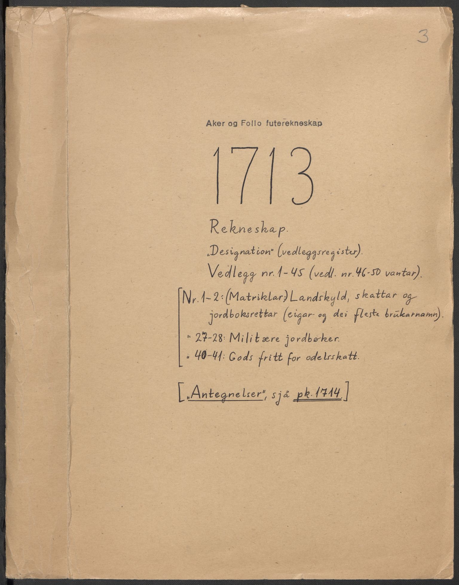 Rentekammeret inntil 1814, Reviderte regnskaper, Fogderegnskap, RA/EA-4092/R10/L0451: Fogderegnskap Aker og Follo, 1713-1714, p. 2