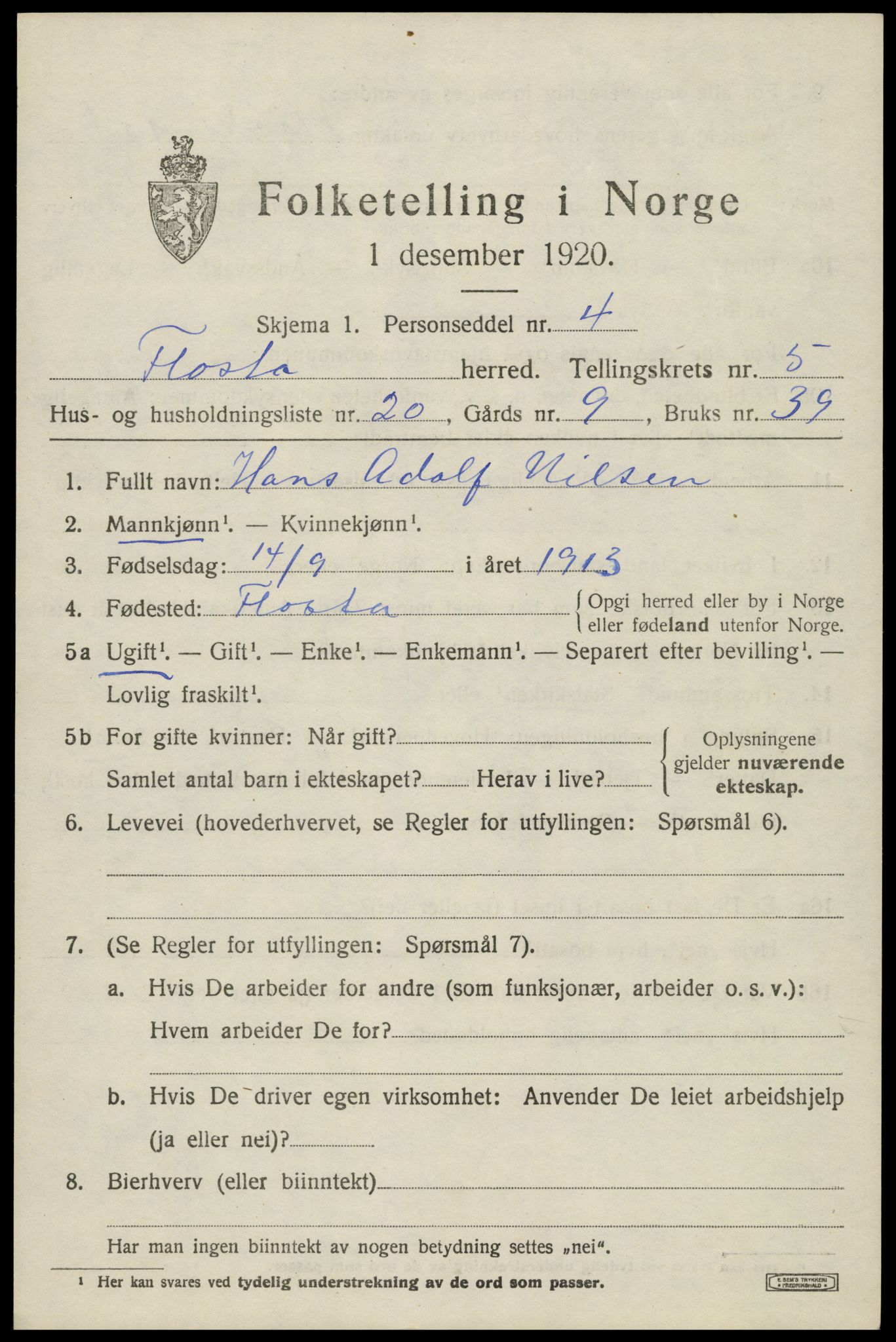 SAK, 1920 census for Flosta, 1920, p. 2978