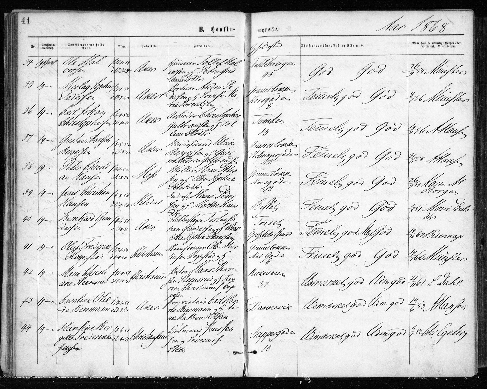 Gamle Aker prestekontor Kirkebøker, AV/SAO-A-10617a/F/L0003: Parish register (official) no. 3, 1865-1873, p. 44