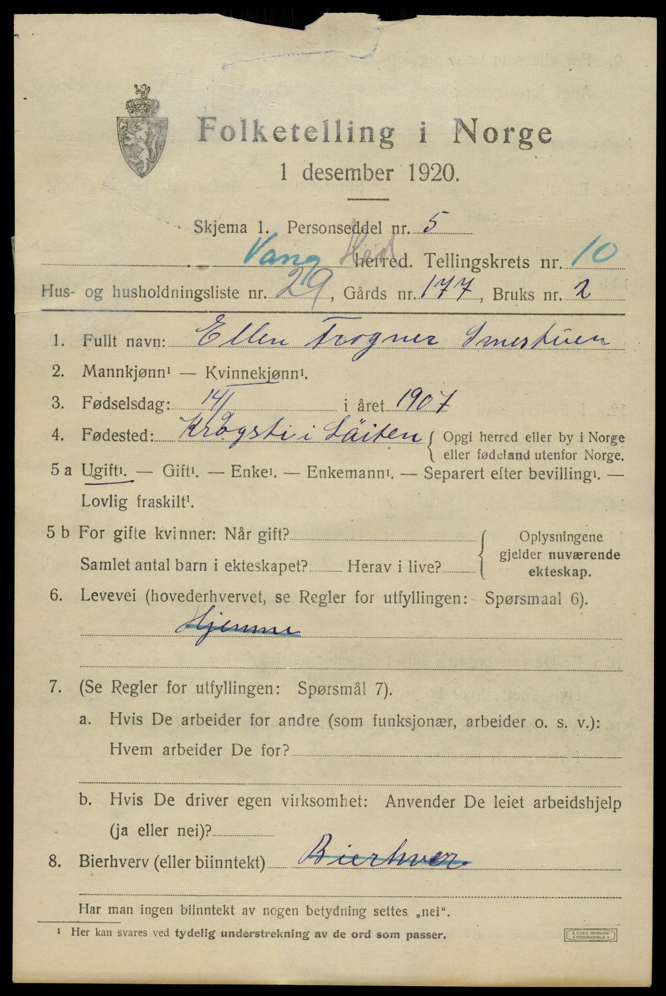 SAH, 1920 census for Vang (Hedmark), 1920, p. 19671