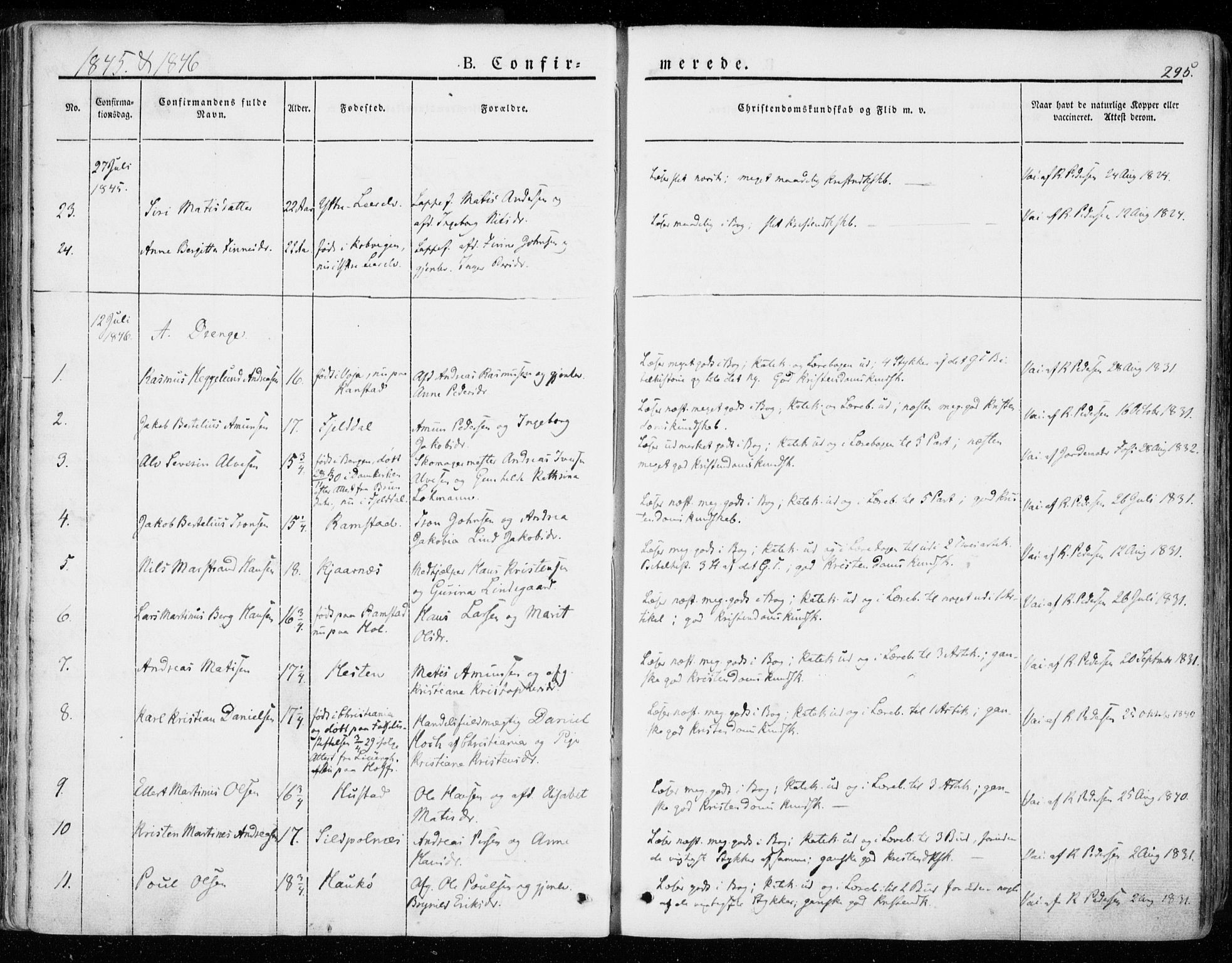 Ministerialprotokoller, klokkerbøker og fødselsregistre - Nordland, SAT/A-1459/872/L1033: Parish register (official) no. 872A08, 1840-1863, p. 295