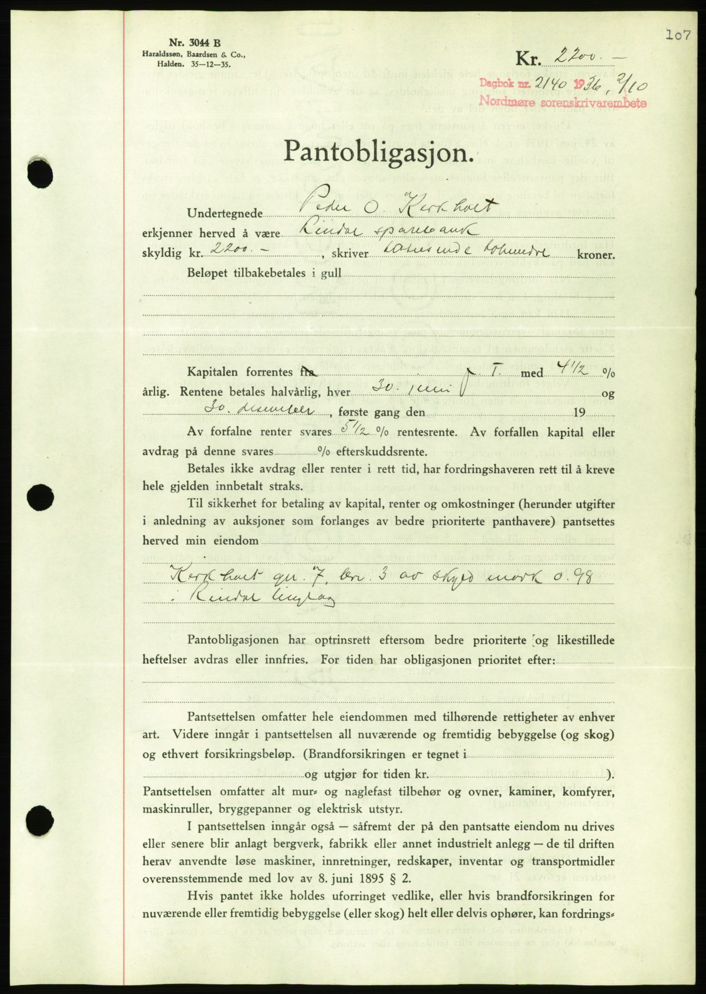 Nordmøre sorenskriveri, AV/SAT-A-4132/1/2/2Ca/L0090: Mortgage book no. B80, 1936-1937, Diary no: : 2140/1936