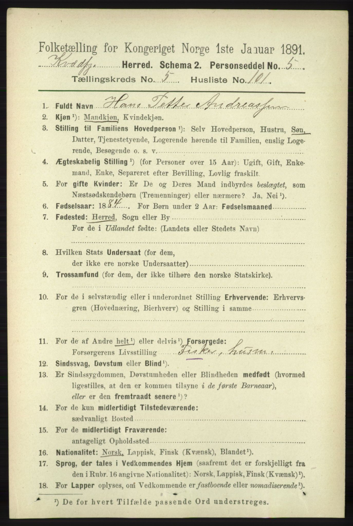 RA, 1891 census for 1911 Kvæfjord, 1891, p. 3478