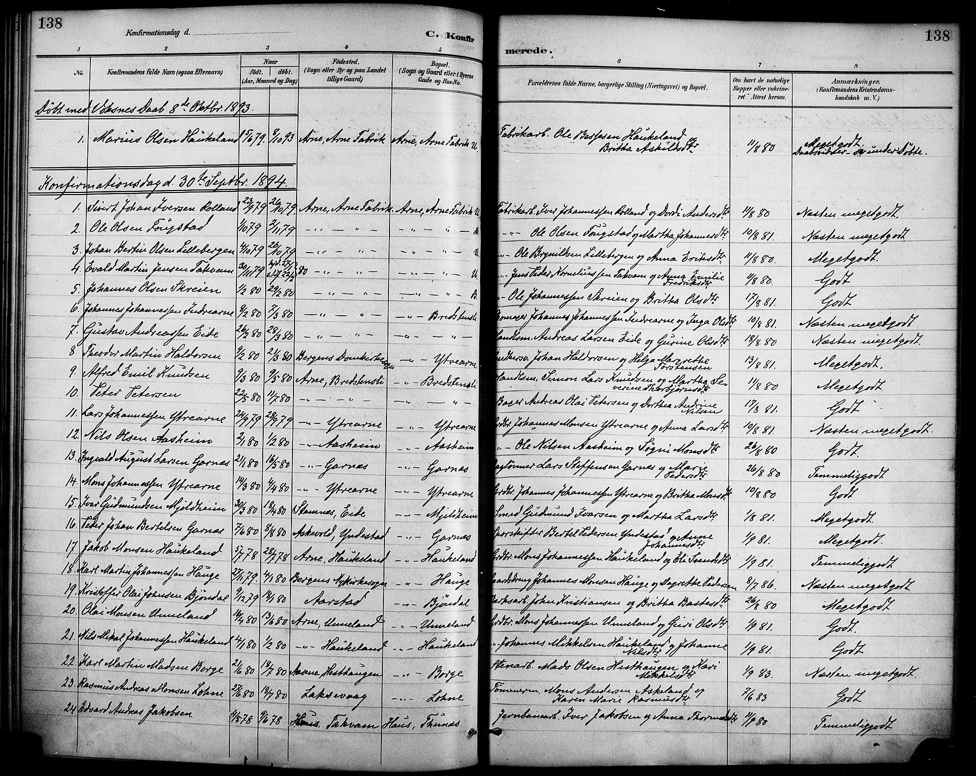 Haus sokneprestembete, SAB/A-75601/H/Haa/Haad/L0001: Parish register (official) no. D 1, 1887-1898, p. 138