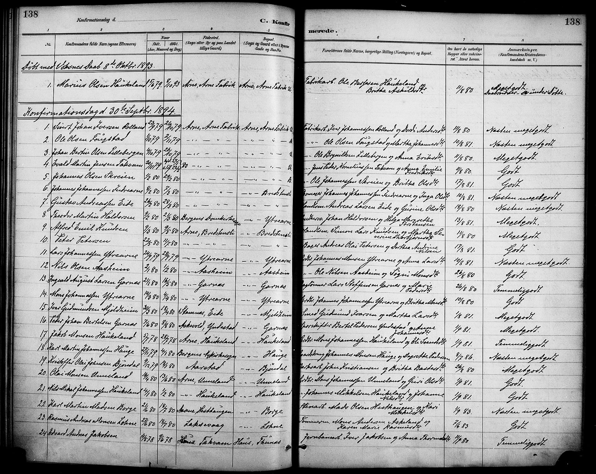 Haus sokneprestembete, AV/SAB-A-75601/H/Haa/Haad/L0001: Parish register (official) no. D 1, 1887-1898, p. 138