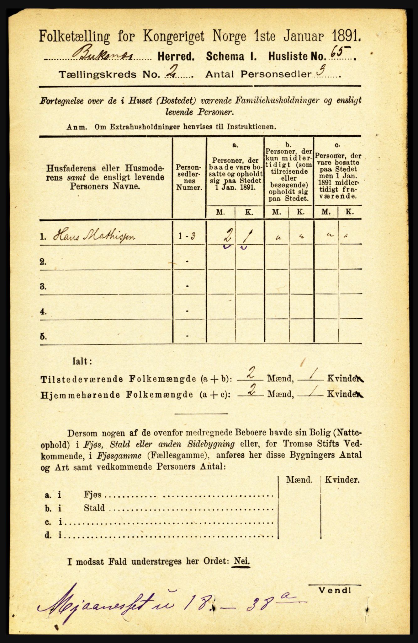 RA, 1891 census for 1860 Buksnes, 1891, p. 1585