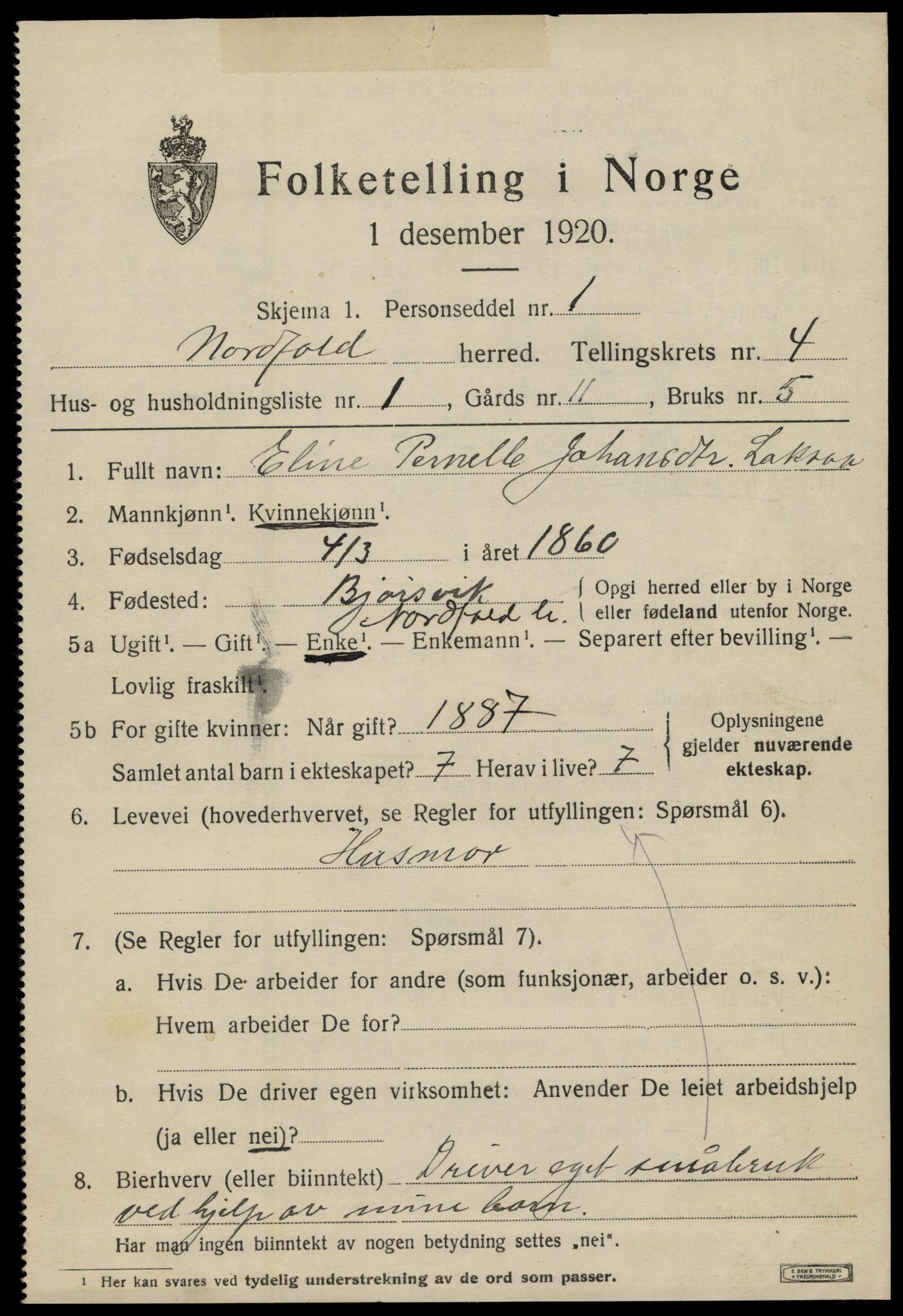 SAT, 1920 census for Nordfold, 1920, p. 1967