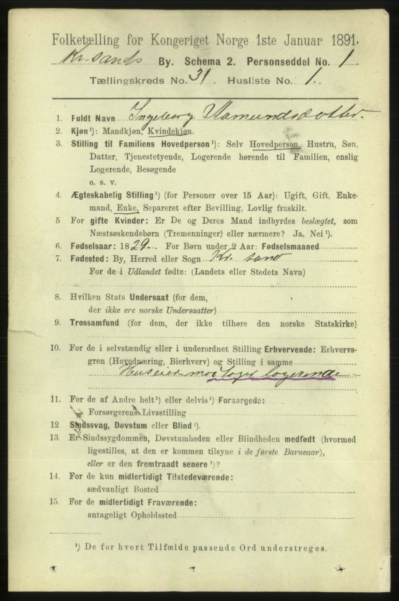 RA, 1891 census for 1001 Kristiansand, 1891, p. 9721