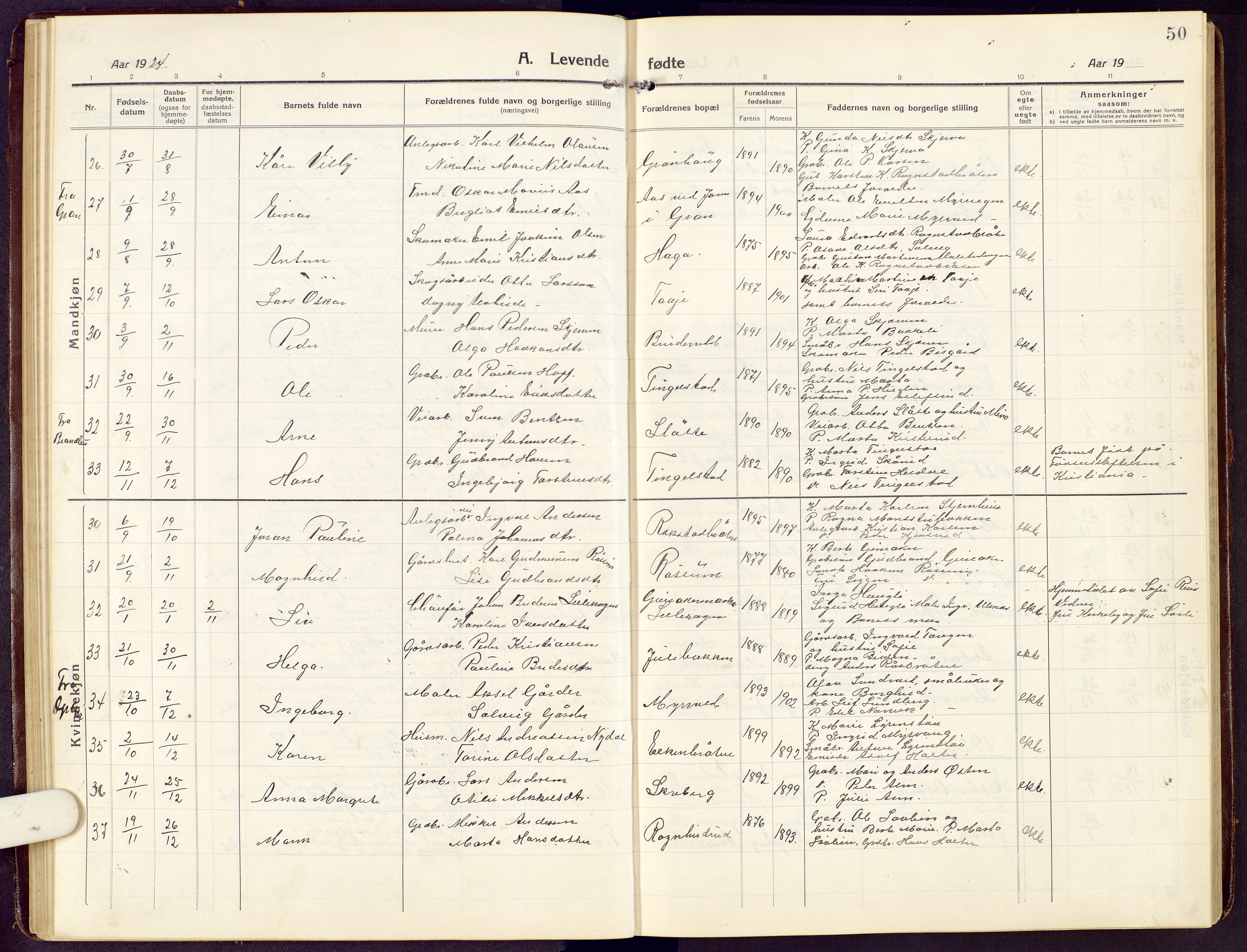 Brandbu prestekontor, AV/SAH-PREST-114/H/Ha/Hab/L0010: Parish register (copy) no. 10, 1916-1930, p. 50