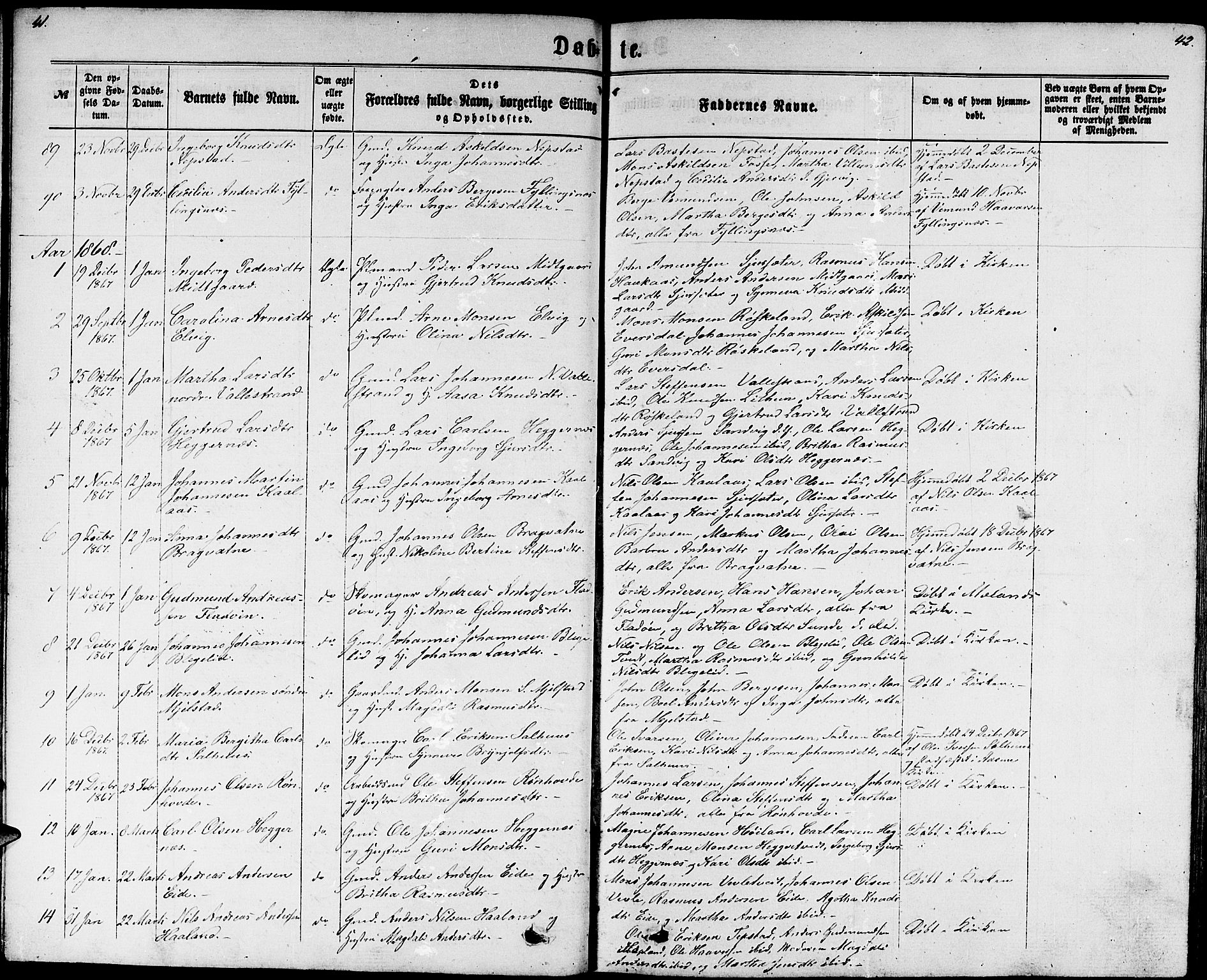 Hamre sokneprestembete, SAB/A-75501/H/Ha/Hab: Parish register (copy) no. B 2, 1863-1880, p. 41-42
