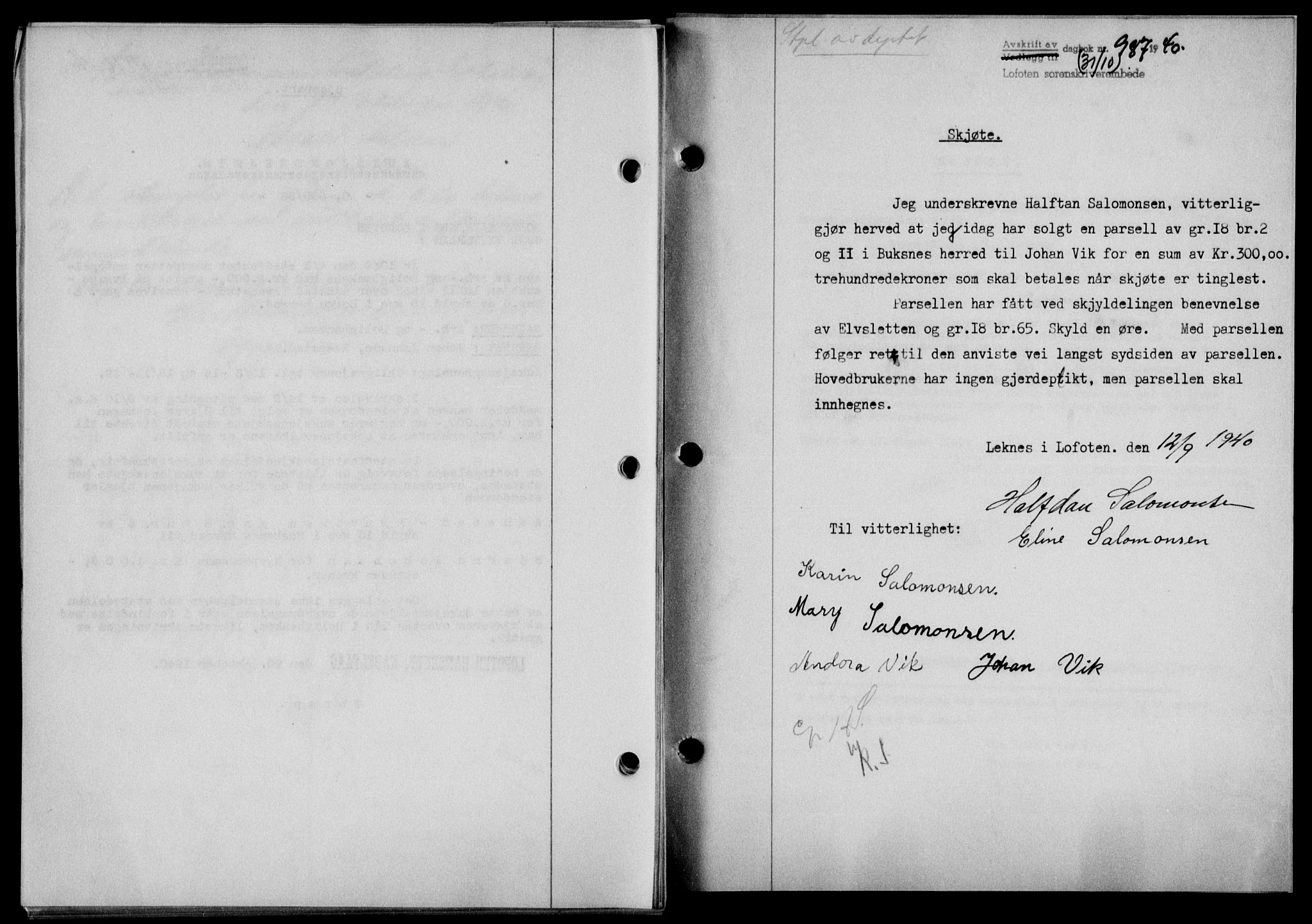 Lofoten sorenskriveri, SAT/A-0017/1/2/2C/L0007a: Mortgage book no. 7a, 1939-1940, Diary no: : 987/1940