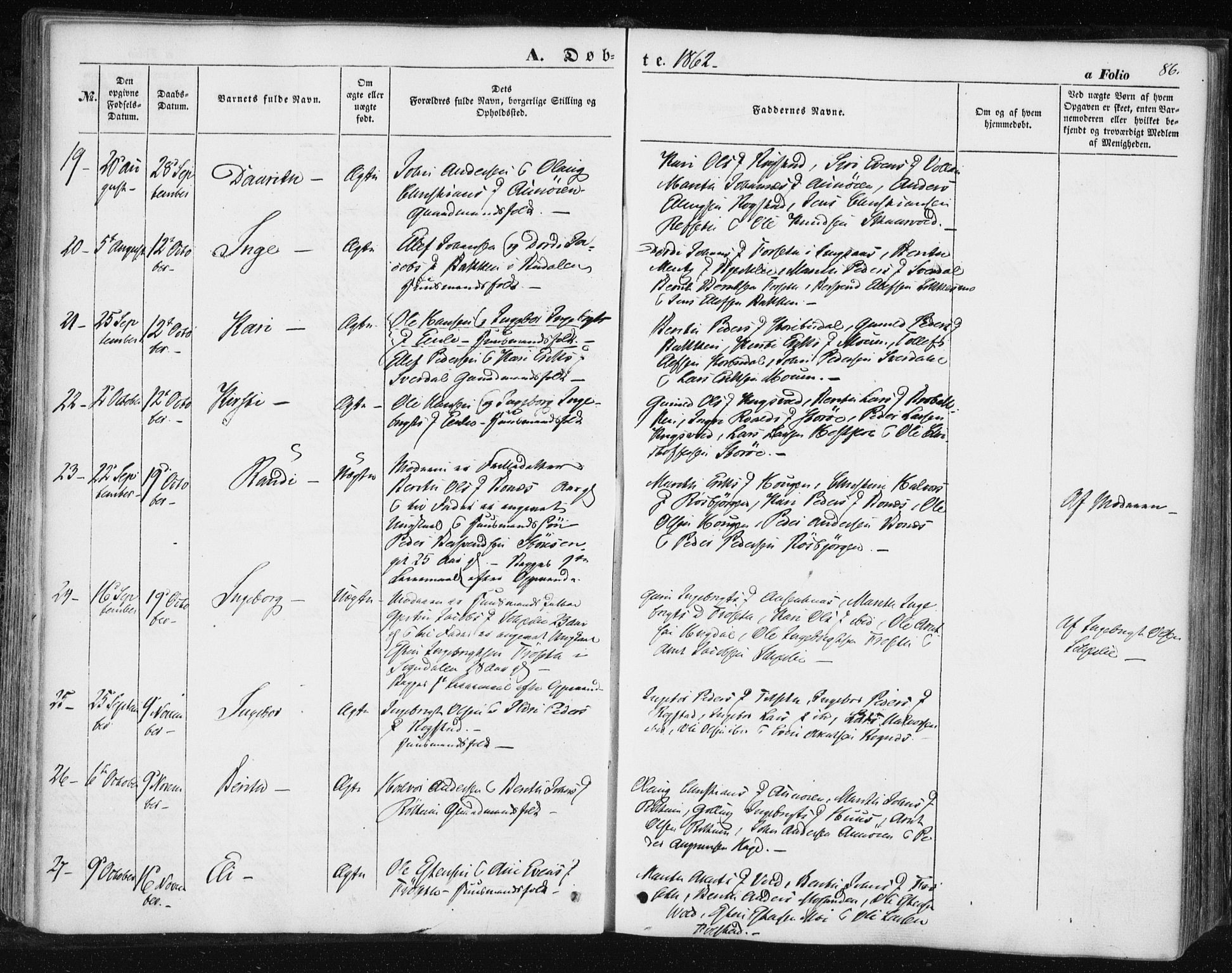Ministerialprotokoller, klokkerbøker og fødselsregistre - Sør-Trøndelag, SAT/A-1456/687/L1000: Parish register (official) no. 687A06, 1848-1869, p. 86