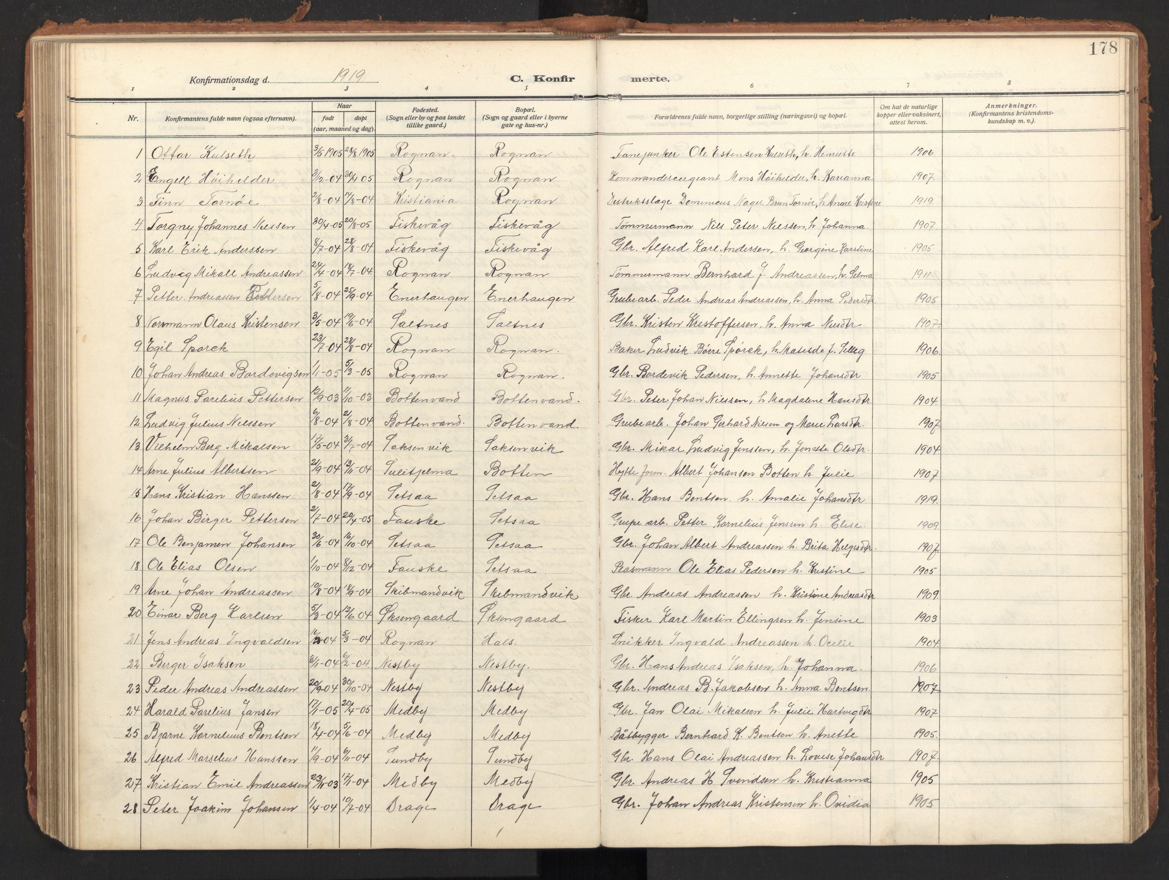 Ministerialprotokoller, klokkerbøker og fødselsregistre - Nordland, SAT/A-1459/847/L0683: Parish register (copy) no. 847C11, 1908-1929, p. 178