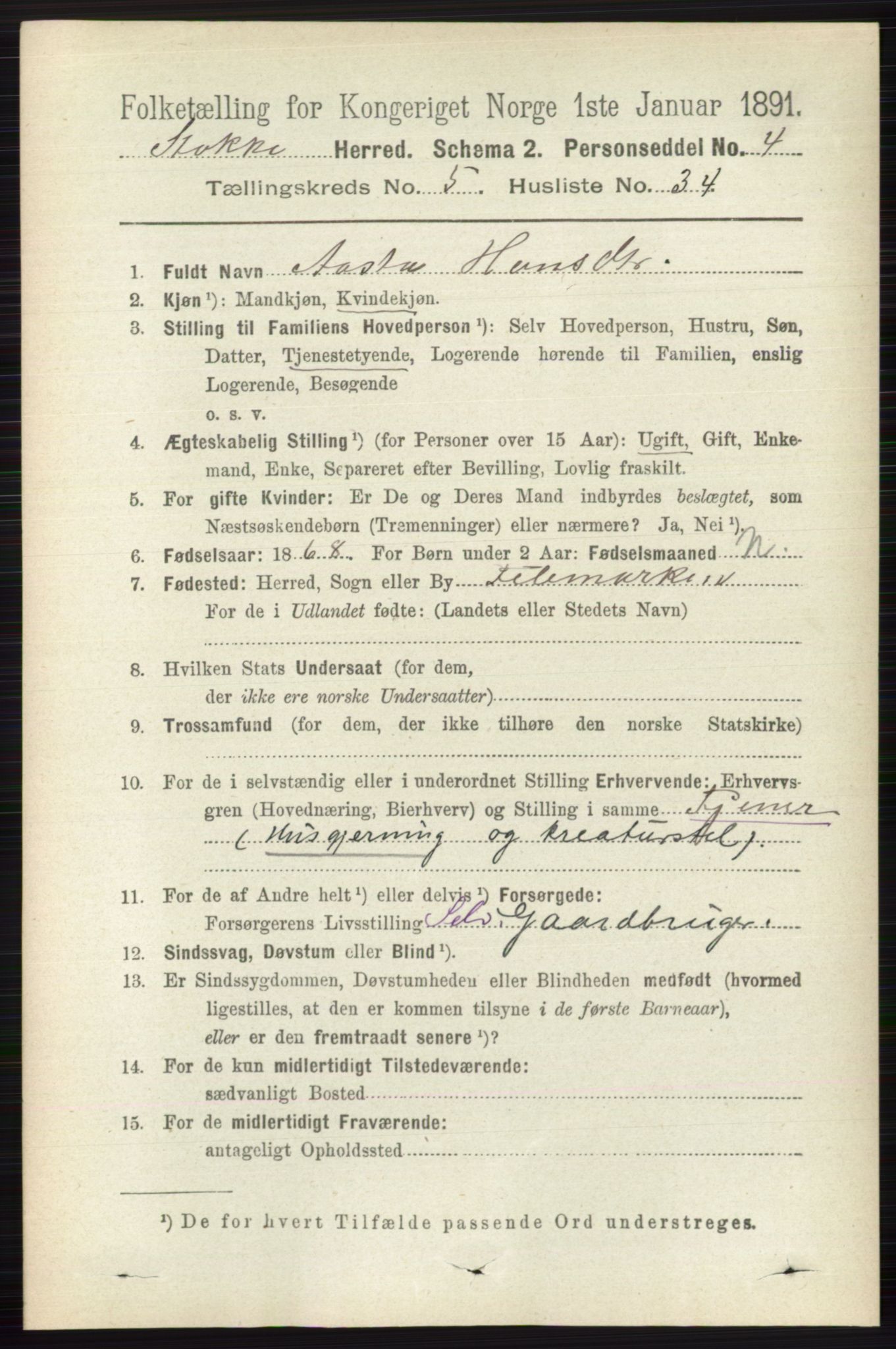 RA, 1891 census for 0720 Stokke, 1891, p. 3272