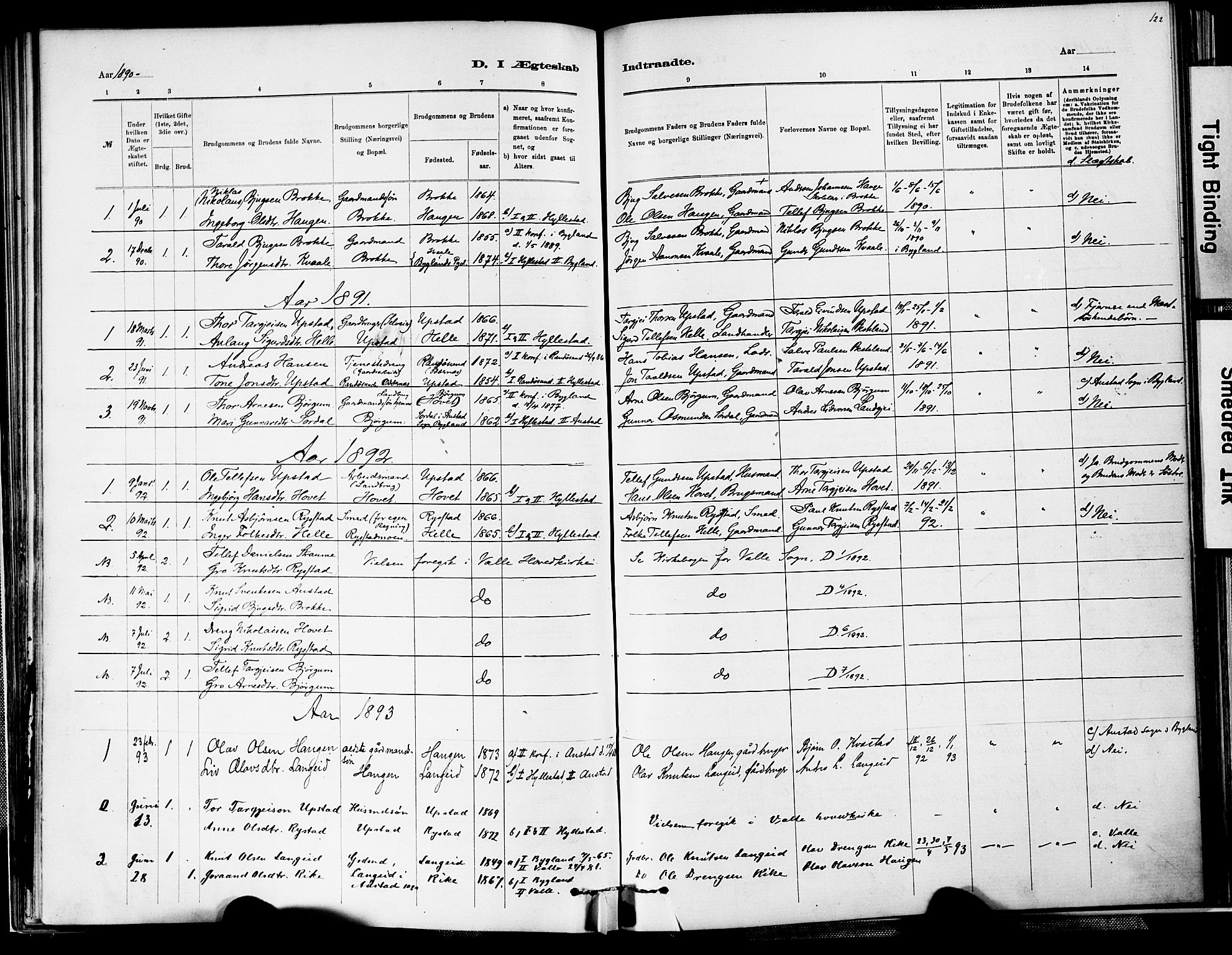Valle sokneprestkontor, AV/SAK-1111-0044/F/Fa/Fab/L0001: Parish register (official) no. A 1, 1882-1910, p. 122