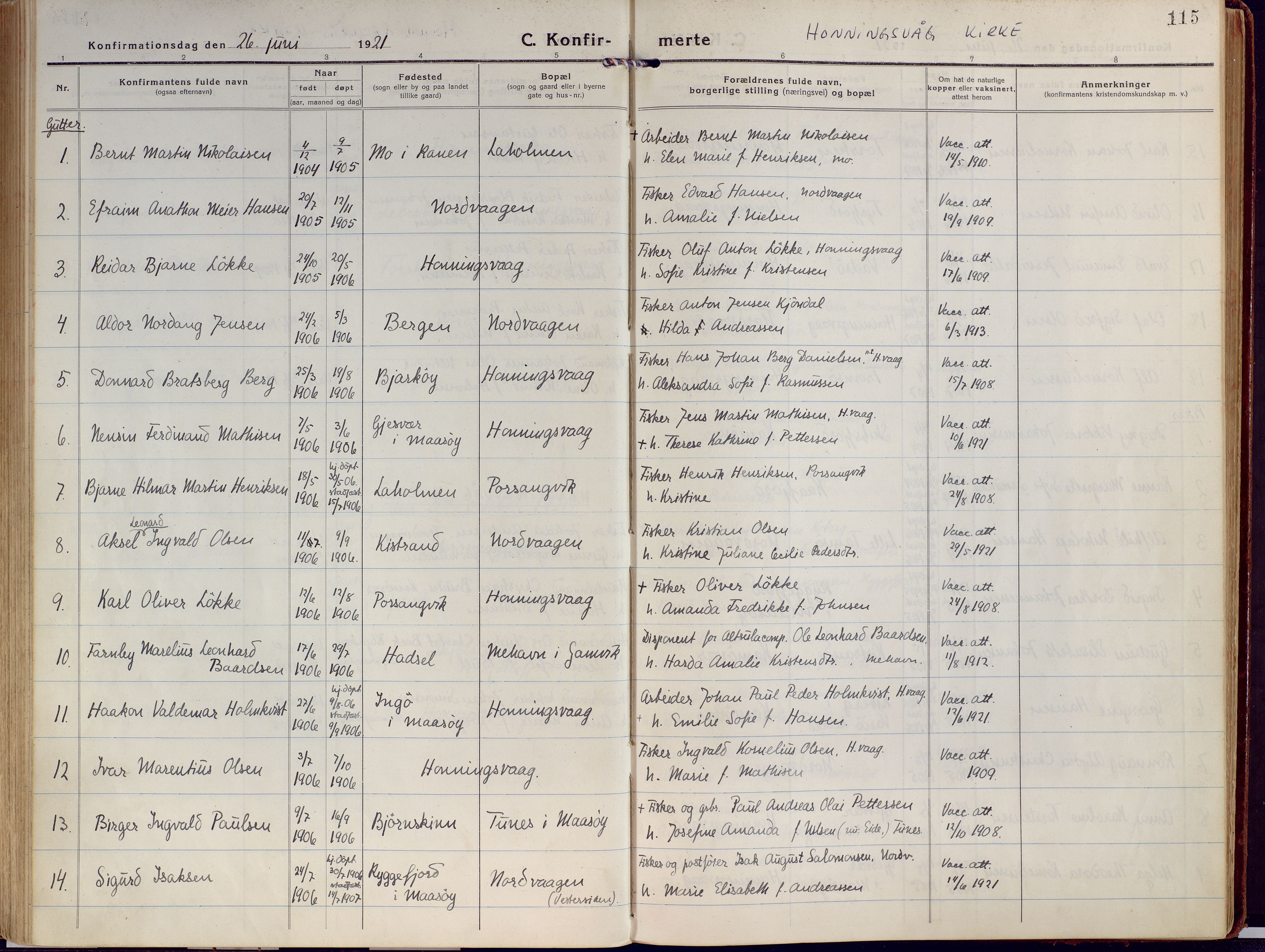 Kjelvik/Nordkapp sokneprestkontor, AV/SATØ-S-1350/H/Ha/L0002kirke: Parish register (official) no. 2, 1920-1929, p. 115