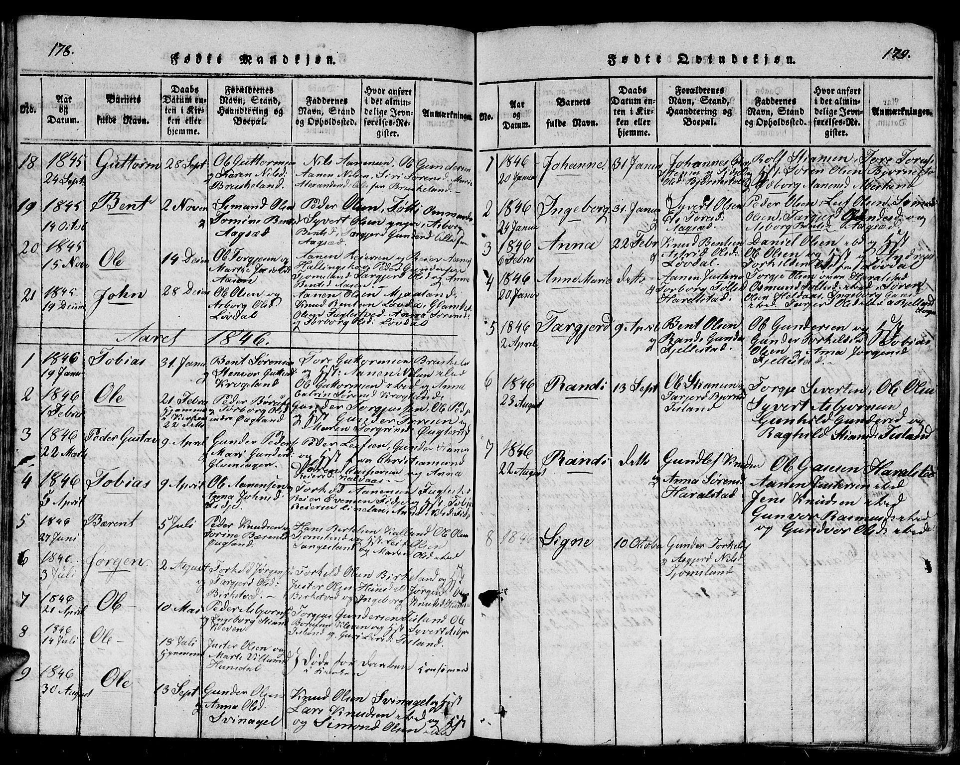 Holum sokneprestkontor, AV/SAK-1111-0022/F/Fb/Fbb/L0001: Parish register (copy) no. B 1, 1820-1847, p. 178-179