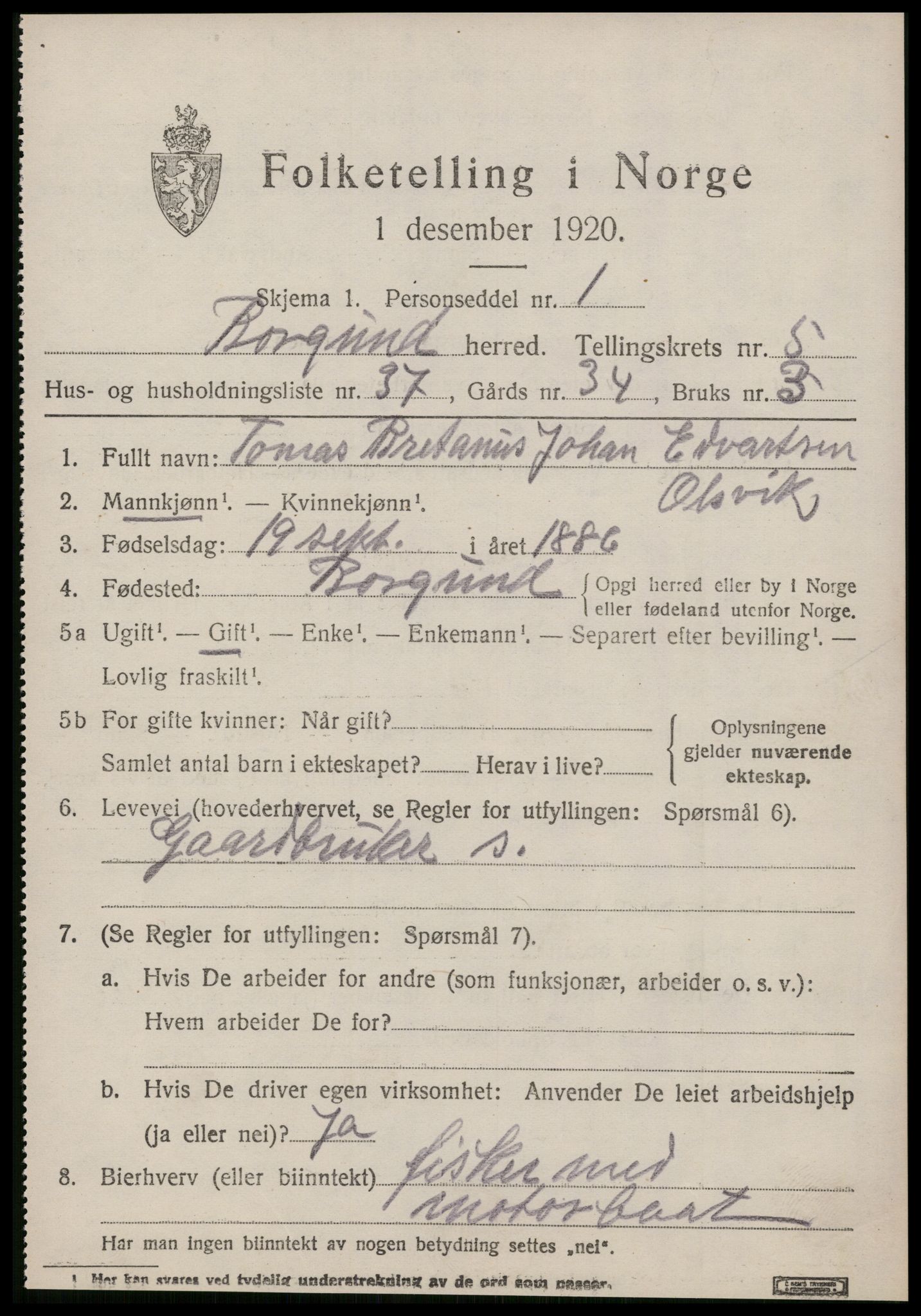 SAT, 1920 census for Borgund, 1920, p. 4994