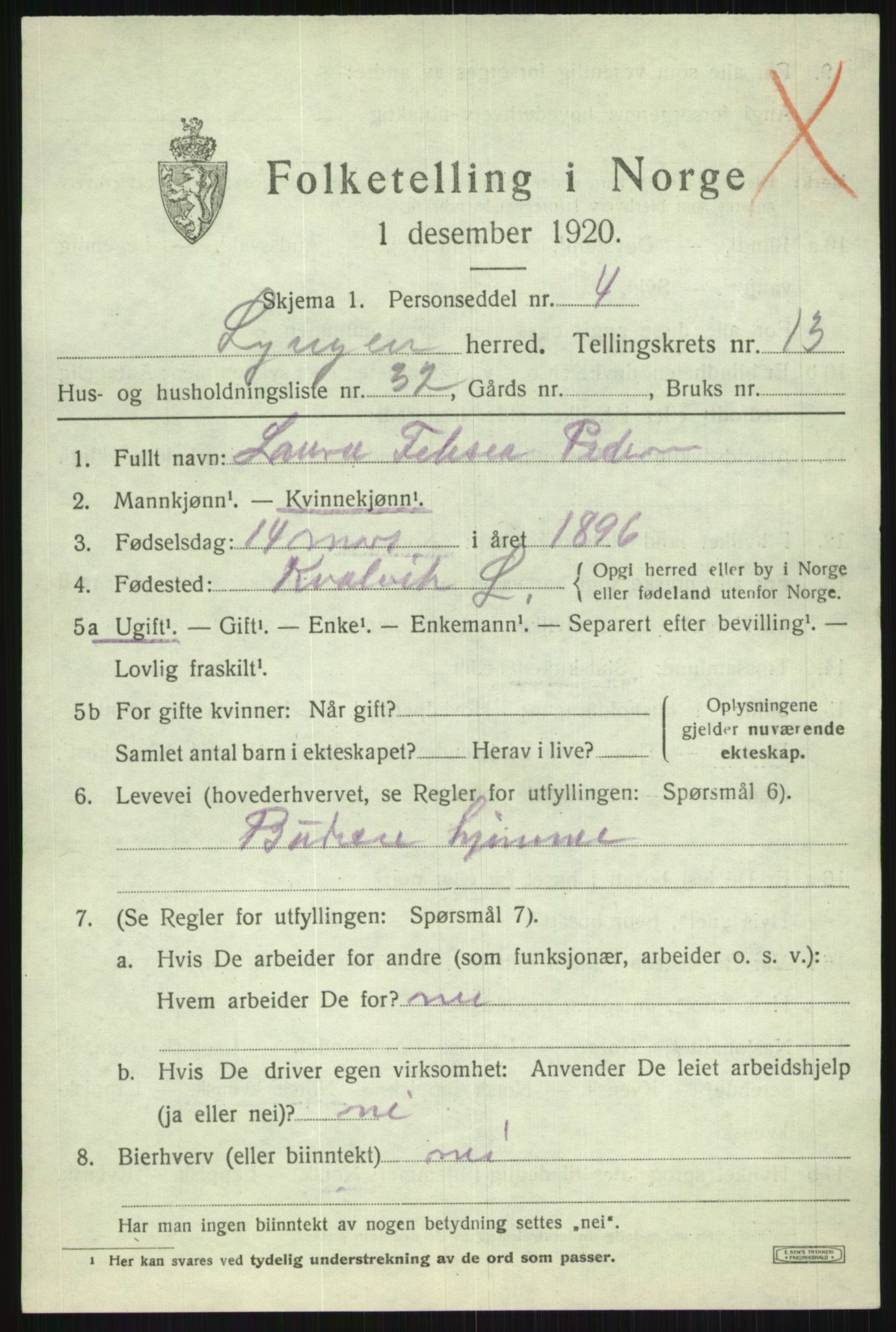 SATØ, 1920 census for Lyngen, 1920, p. 10455