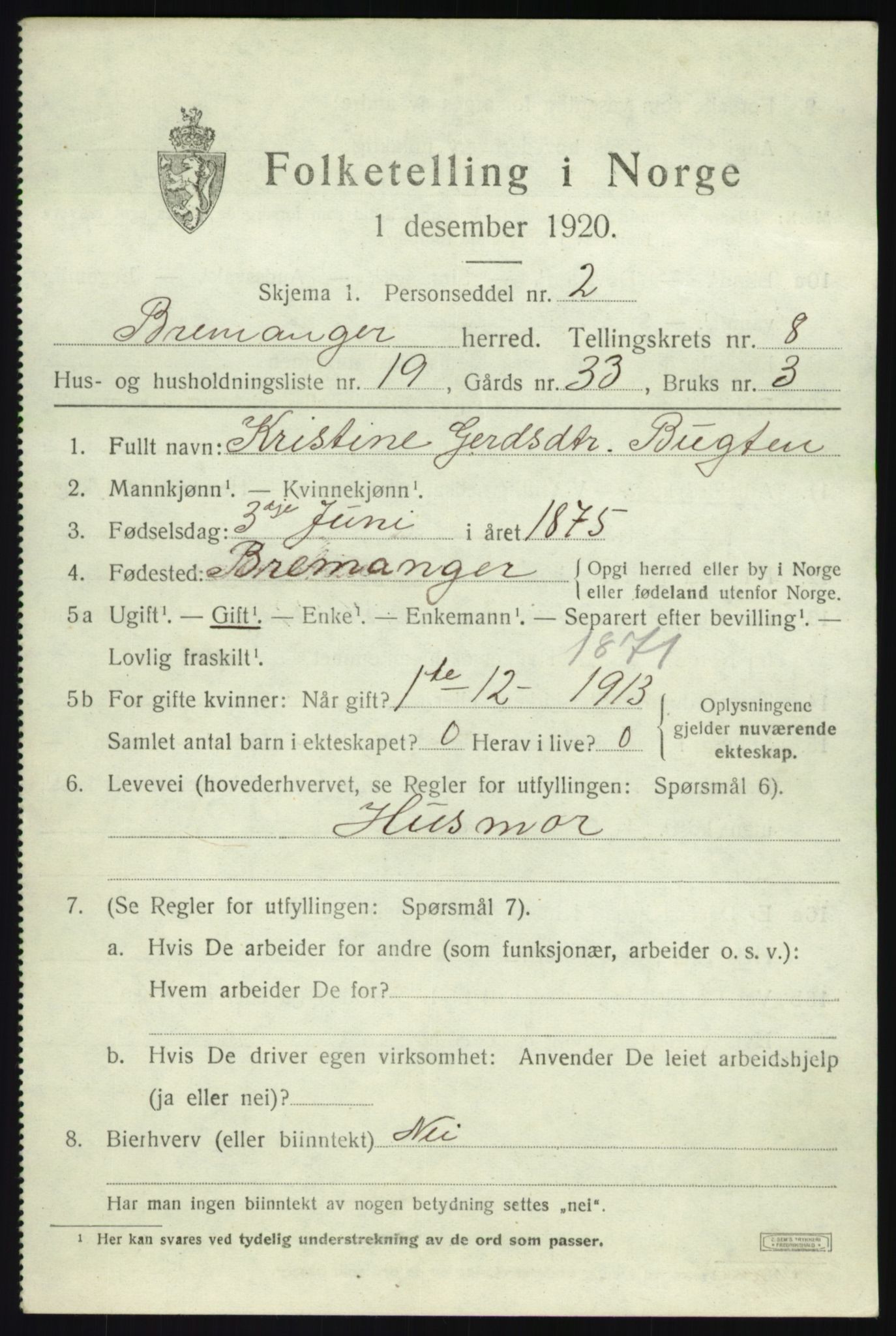 SAB, 1920 census for Bremanger, 1920, p. 5020