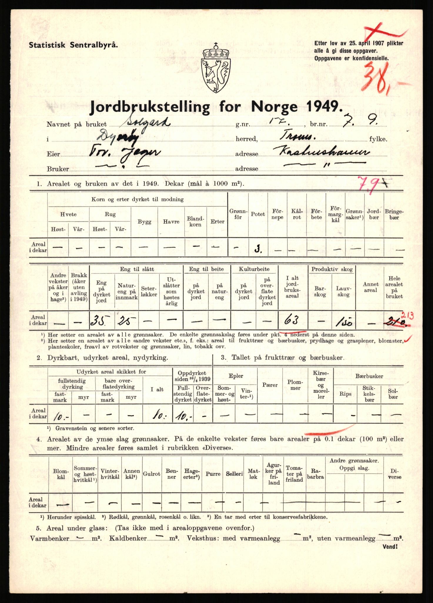 Statistisk sentralbyrå, Næringsøkonomiske emner, Jordbruk, skogbruk, jakt, fiske og fangst, AV/RA-S-2234/G/Gc/L0440: Troms: Sørreisa og Dyrøy, 1949, p. 1588