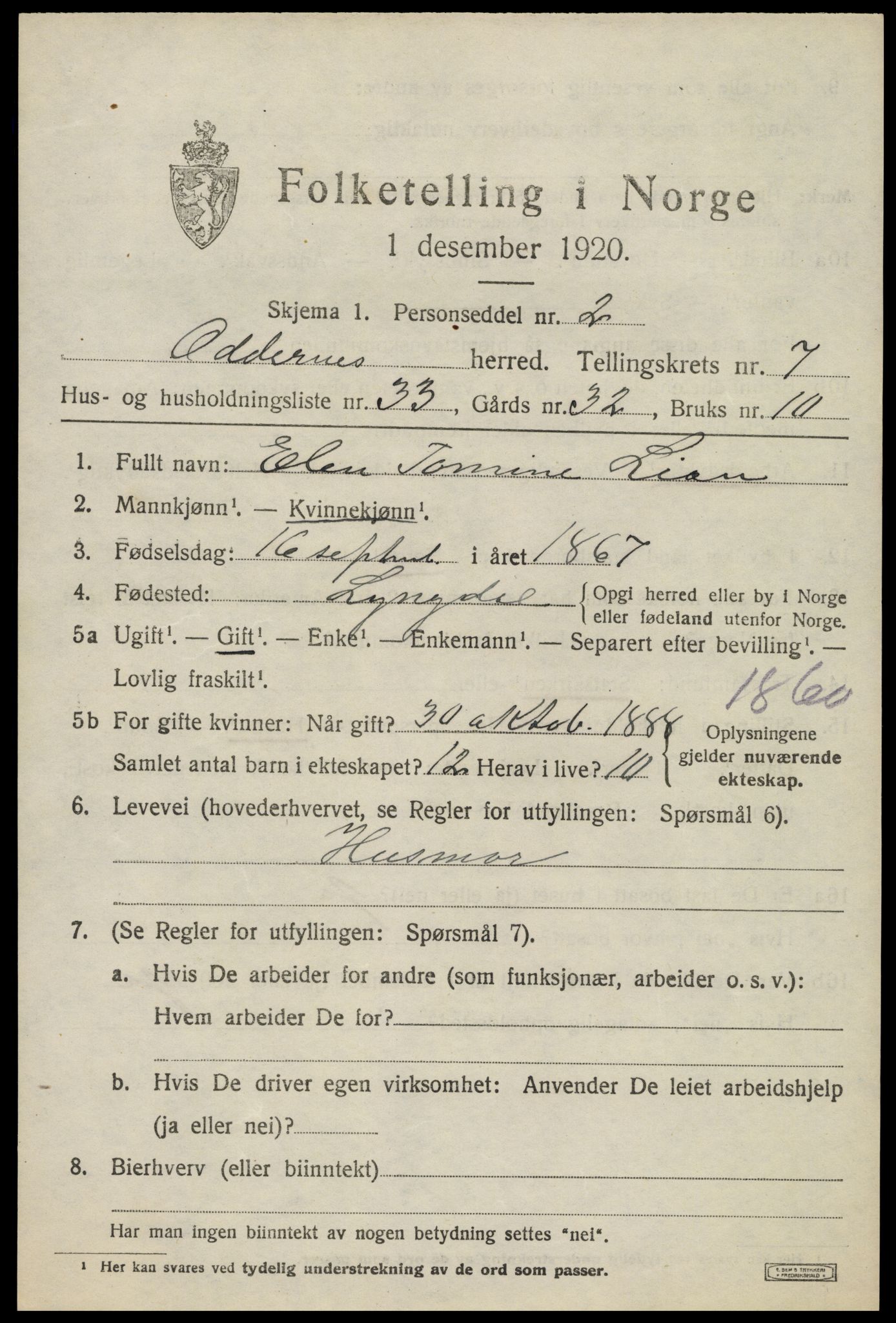 SAK, 1920 census for Oddernes, 1920, p. 5555