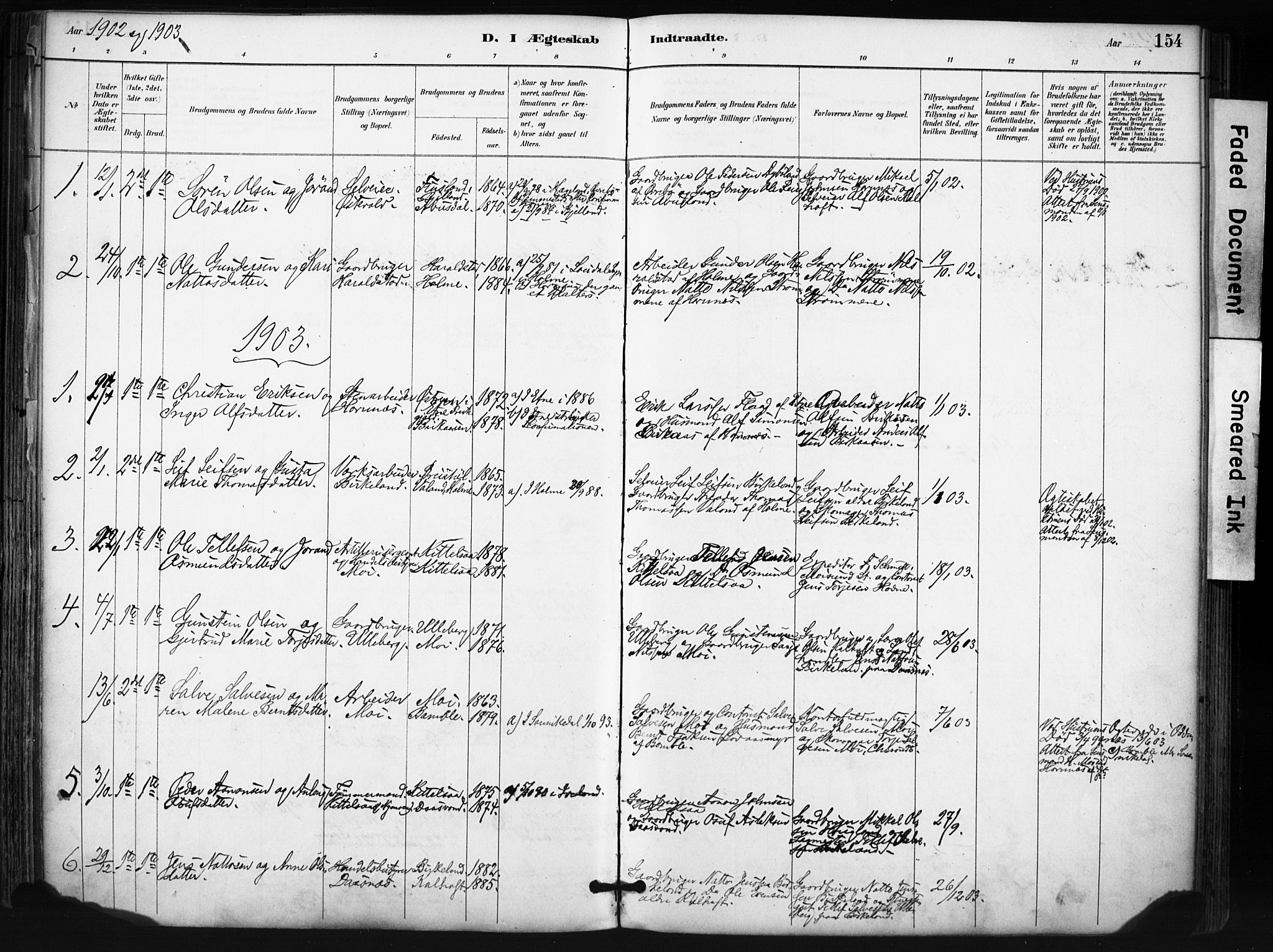 Evje sokneprestkontor, SAK/1111-0008/F/Fa/Fab/L0003: Parish register (official) no. A 3, 1884-1909, p. 154