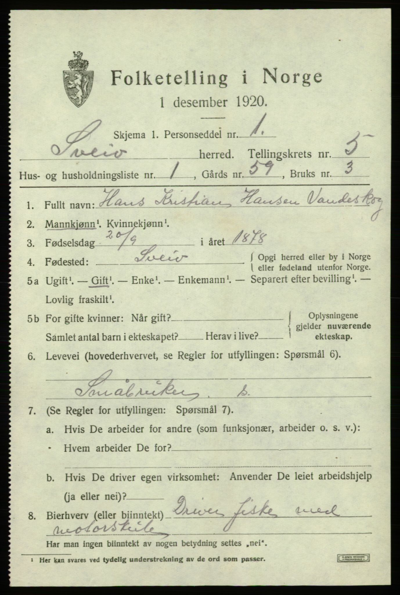 SAB, 1920 census for Sveio, 1920, p. 2470