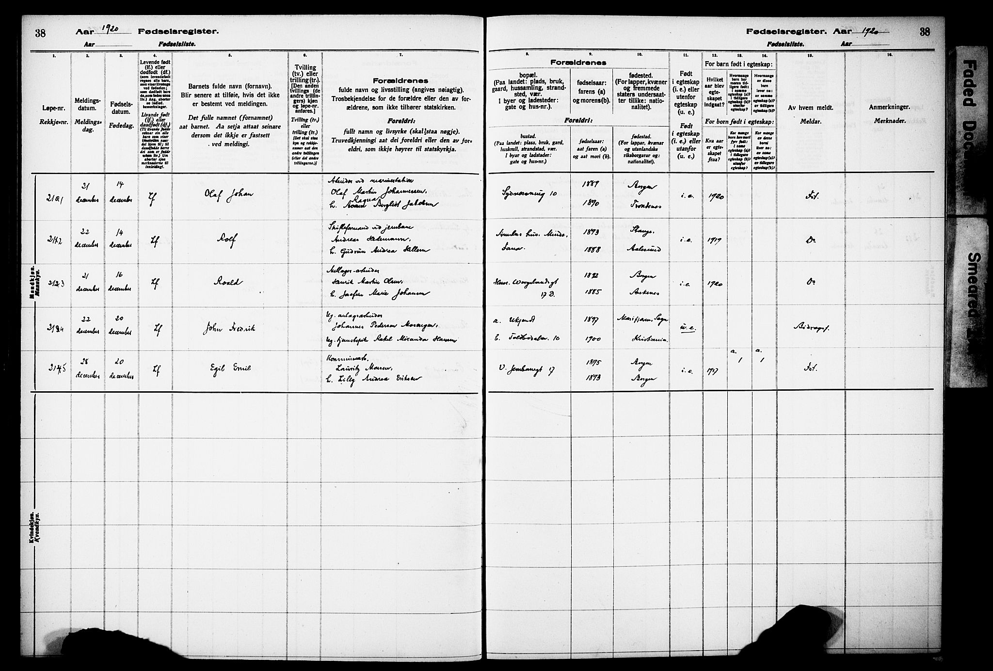 Kvinneklinikken, AV/SAB-A-76301/F/L0A02: Birth register no. A 2, 1920-1924, p. 38